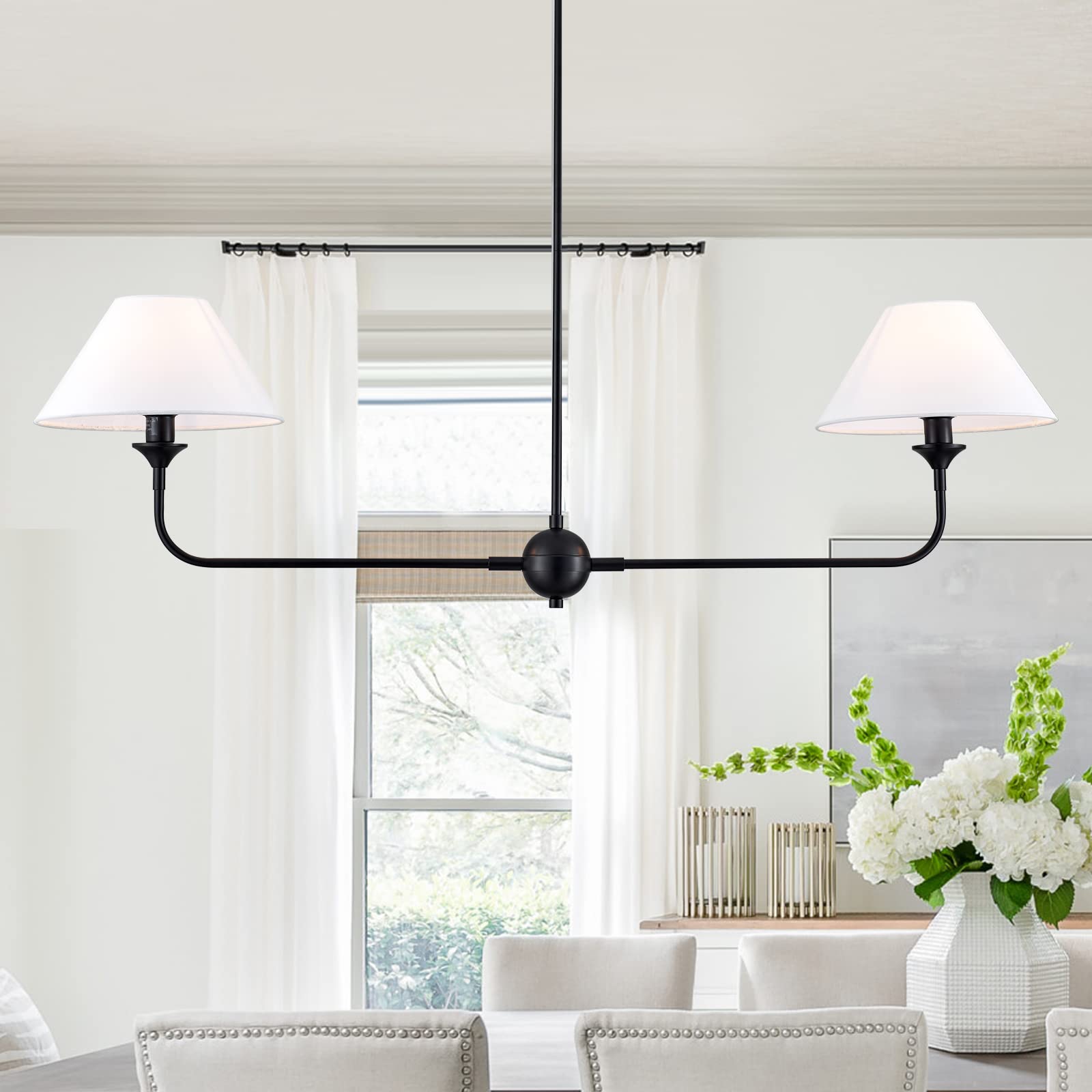 VANZARLA 2-Light Modern Linear Chandelier - Off-White Fabric Shade Kitchen Island Pendant Light for Dining Room, Restaurant, Living Room & Bedroom | Perfect for Contemporary Home Decor and Commercial Spaces