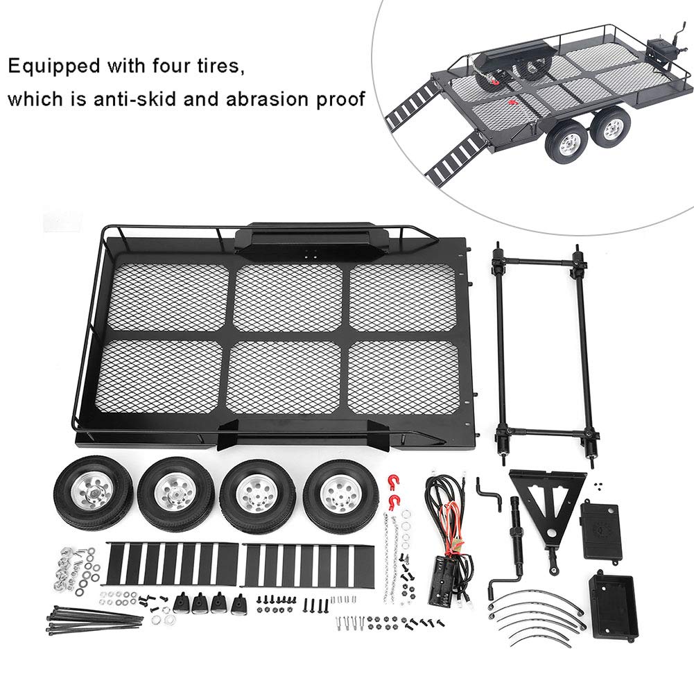 1/10 Scale RC Metal Trail Car Trailer with 4 Tires - Heavy Duty Off-Road Accessories for RC Crawler Trucks - Perfect for Outdoor Adventures & RC Car Transport