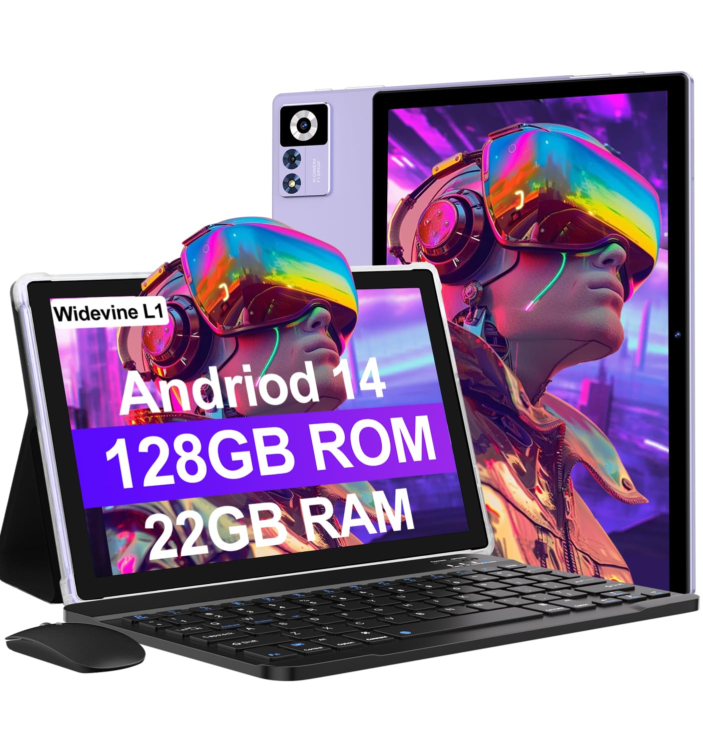 2025 Android 14 Tablet 10.1 Inch - 22GB RAM 128GB ROM (1TB Expandable) with Keyboard & Mouse - Octa-Core Processor, 8000mAh Battery, HD IPS Display, 5G WiFi, Bluetooth 5.0, GPS, Widevine L1 - Metal Purple | Perfect for Work, Study, Streaming & Gaming