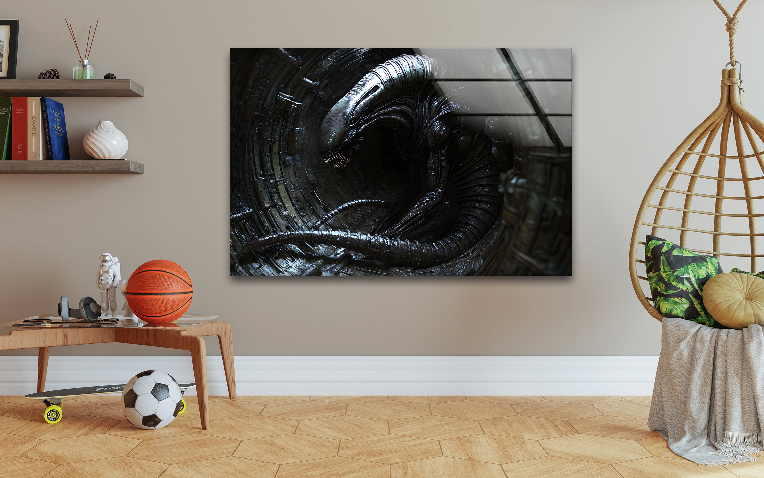 Black Alien Glass Wall Art - Modern Abstract Decor for Living Room, Bedroom & Office | Unique Handmade Glass Artwork for Home & Gifts