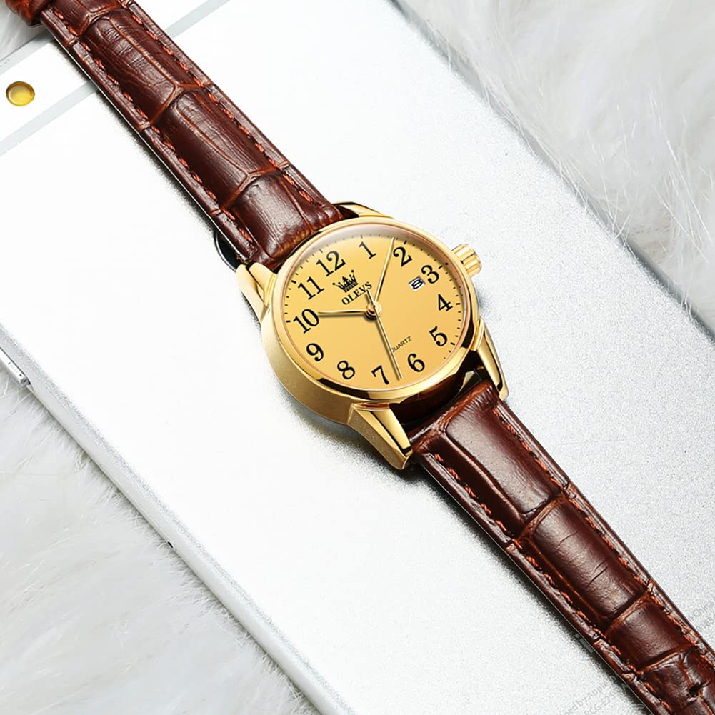 OLEVS Women's Business Dress Watch - Brown Leather Strap, Small Analog Face, Quartz Movement with Calendar & Date Display | Waterproof & Luminous | Perfect for Office, Formal Events & Everyday Wear | Classic Retro Style Ladies Wristwatch Gift