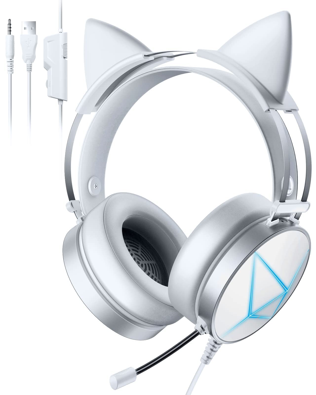 White Cat Ear Gaming Headset with Noise Canceling Mic - 50mm Drivers, Surround Sound, LED Light for PS4, PS5, PC, Xbox One, Switch | Lightweight Over-Ear Headphones for Streaming, Competitive Gaming & Late-Night Sessions