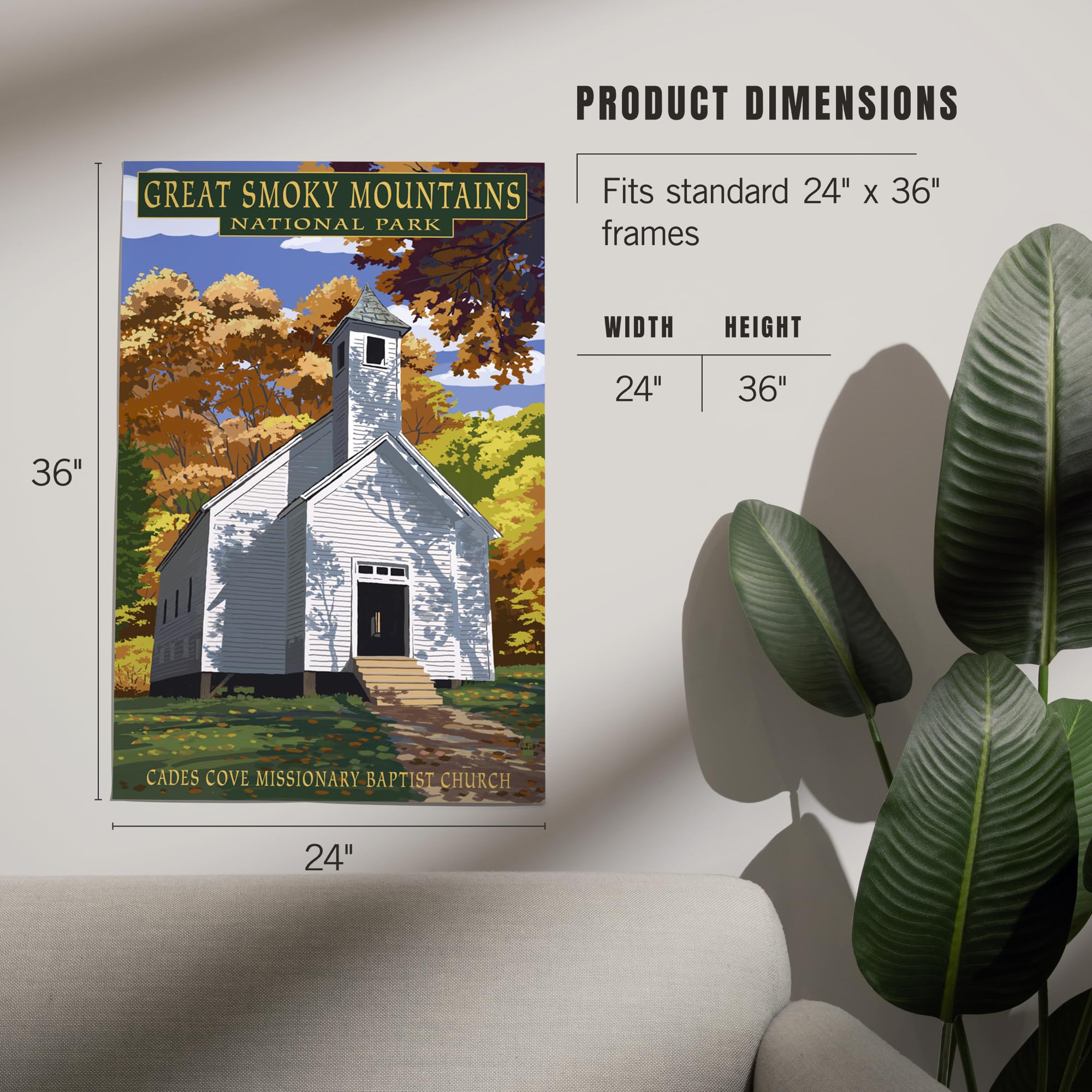 Lantern Press 24x36 Inch Giclee Art Print - Great Smoky Mountains National Park Landscape Wall Decor - Tennessee Cades Cove Baptist Church Painting - Perfect for Living Room, Bedroom & Office Decor