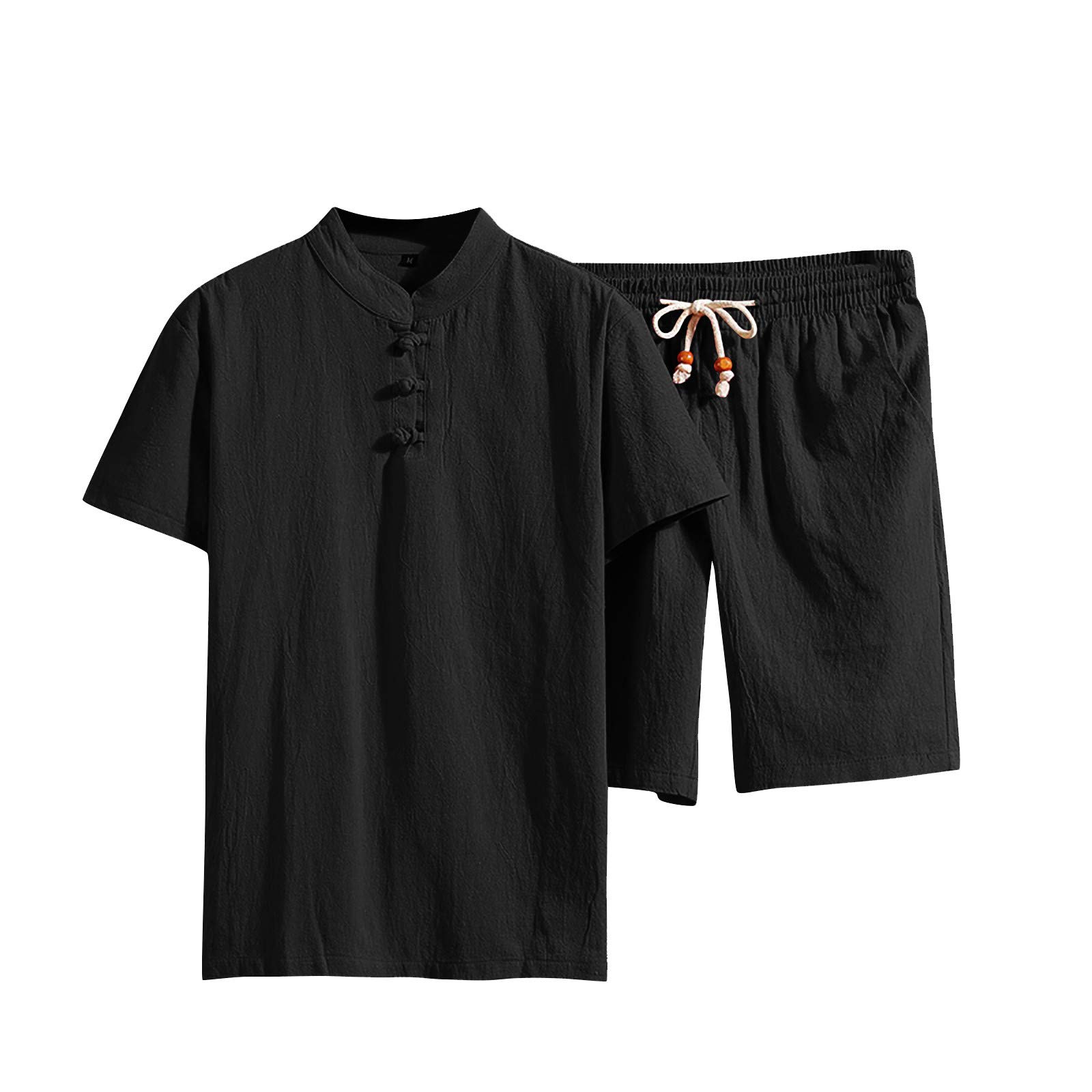 Balakie Men's Summer Fashion Short Sleeve T-Shirt & Shorts Set - Breathable Cotton Linen Casual Button Down Beach Outfit, Two-Piece Suit for Vacation, Pool Party & Outdoor Activities