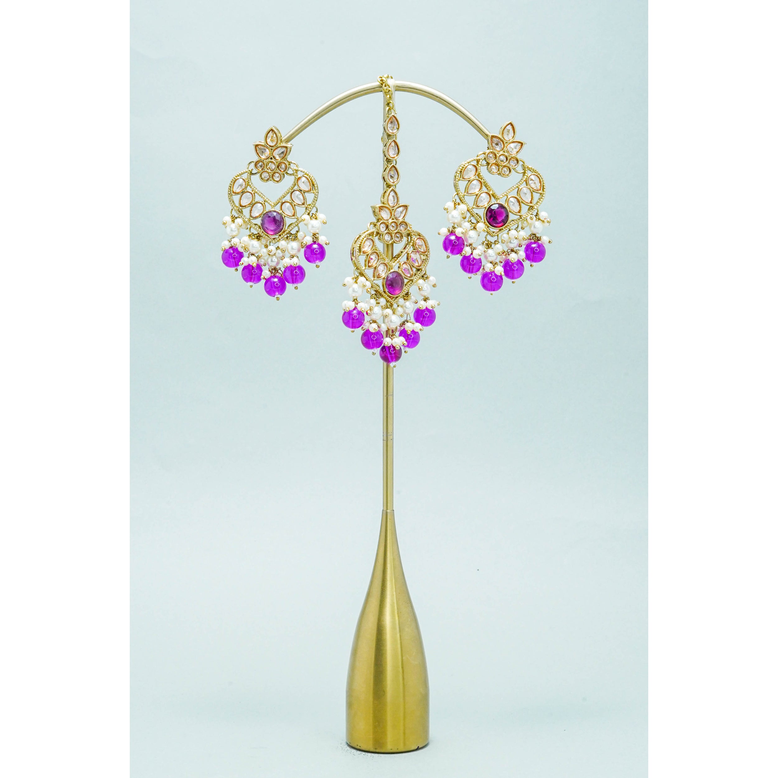 EKTA Polki Earrings and Tikka Set - Traditional Indian Bridal Jewelry for Weddings & Festive Occasions