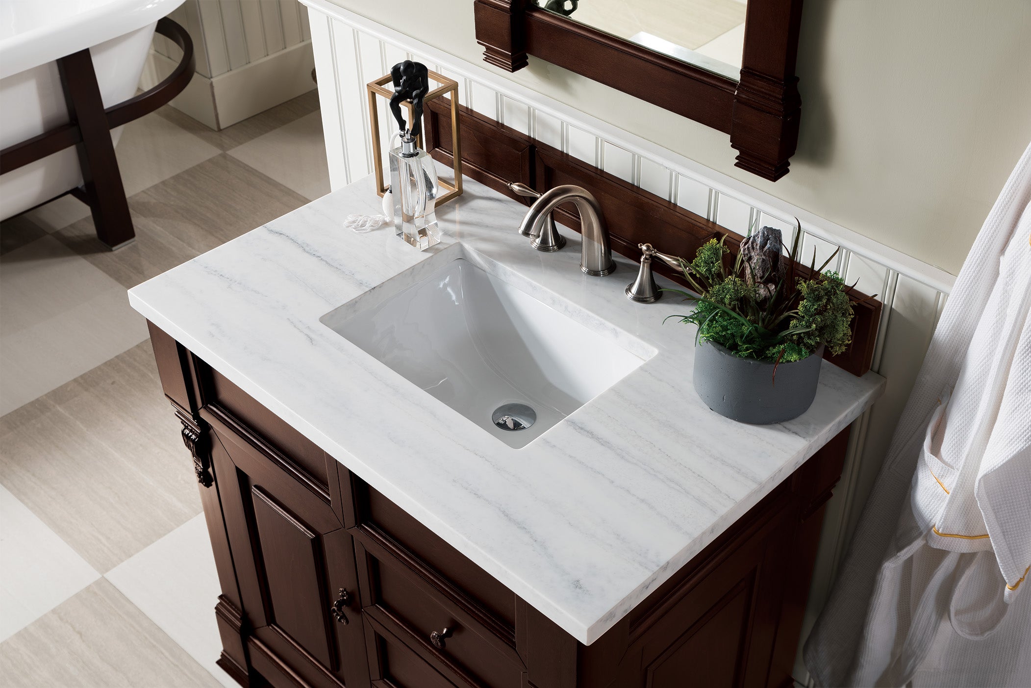 Brookfield 36 Inch Single Bathroom Vanity with Burnished Mahogany Finish & 3CM Arctic Fall Solid Surface Top - Perfect for Modern Home Bathroom Renovation