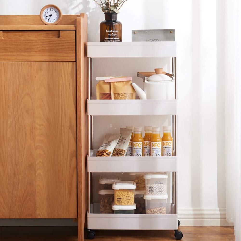 4-Tier Narrow Sliding Storage Organizer Rack - Space-Saving Rolling Cart for Laundry, Bathroom & Kitchen Organization (White) | Perfect for Small Spaces, Closet Storage & Home Organization