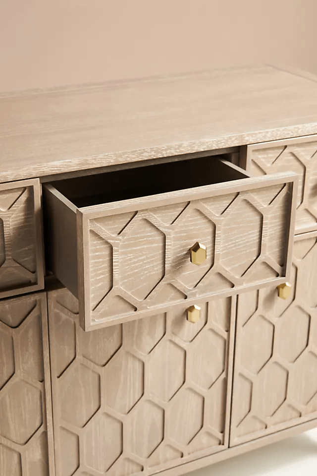 Hand Carved Textured Trellis Buffet Sideboard - Natural Wood Dining Room Buffet Cabinet for Farmhouse & Rustic Decor | Perfect for Dining Room Storage, Entryway Organizer, or Living Room Display