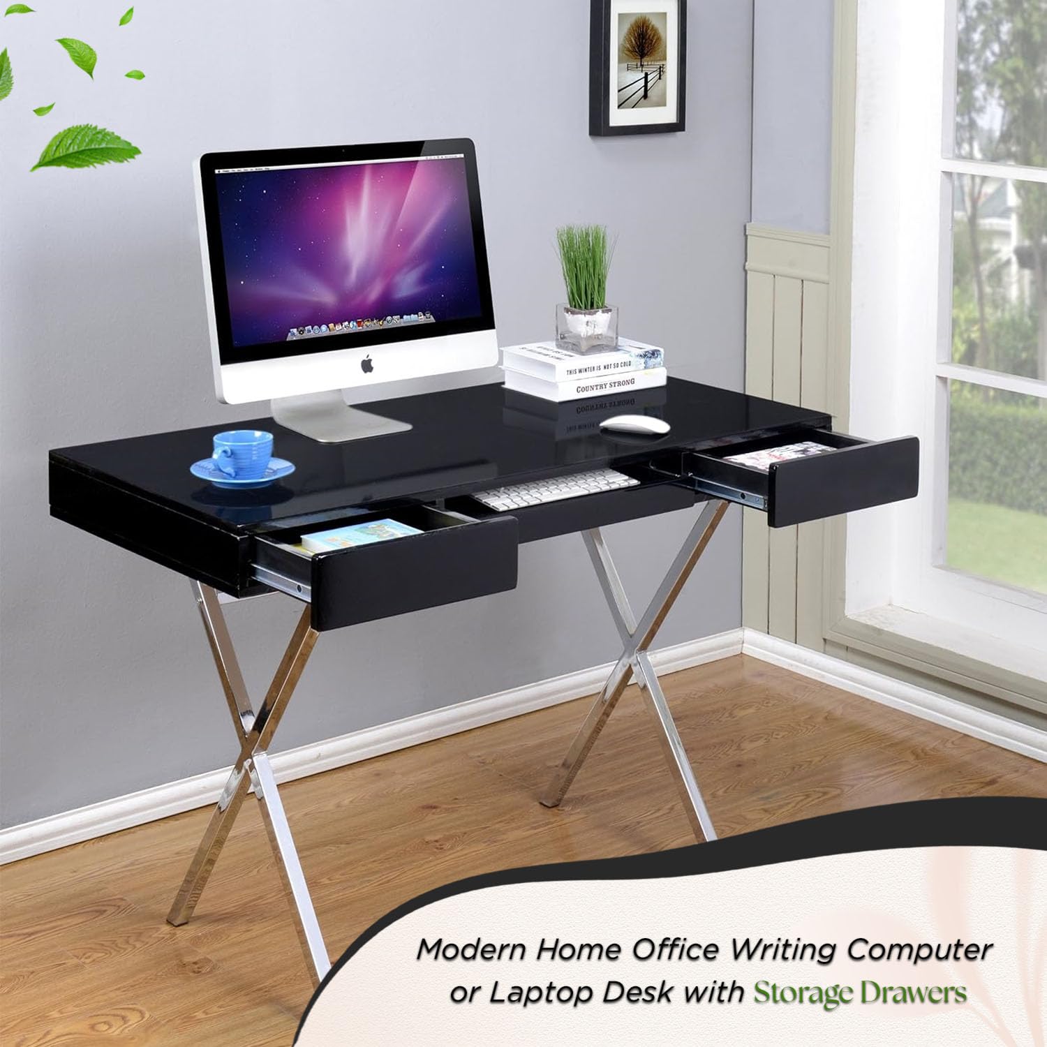 Kings Brand Modern Home & Office Desk - Black Chrome Contemporary Writing Desk for Study, Workstation & Home Office