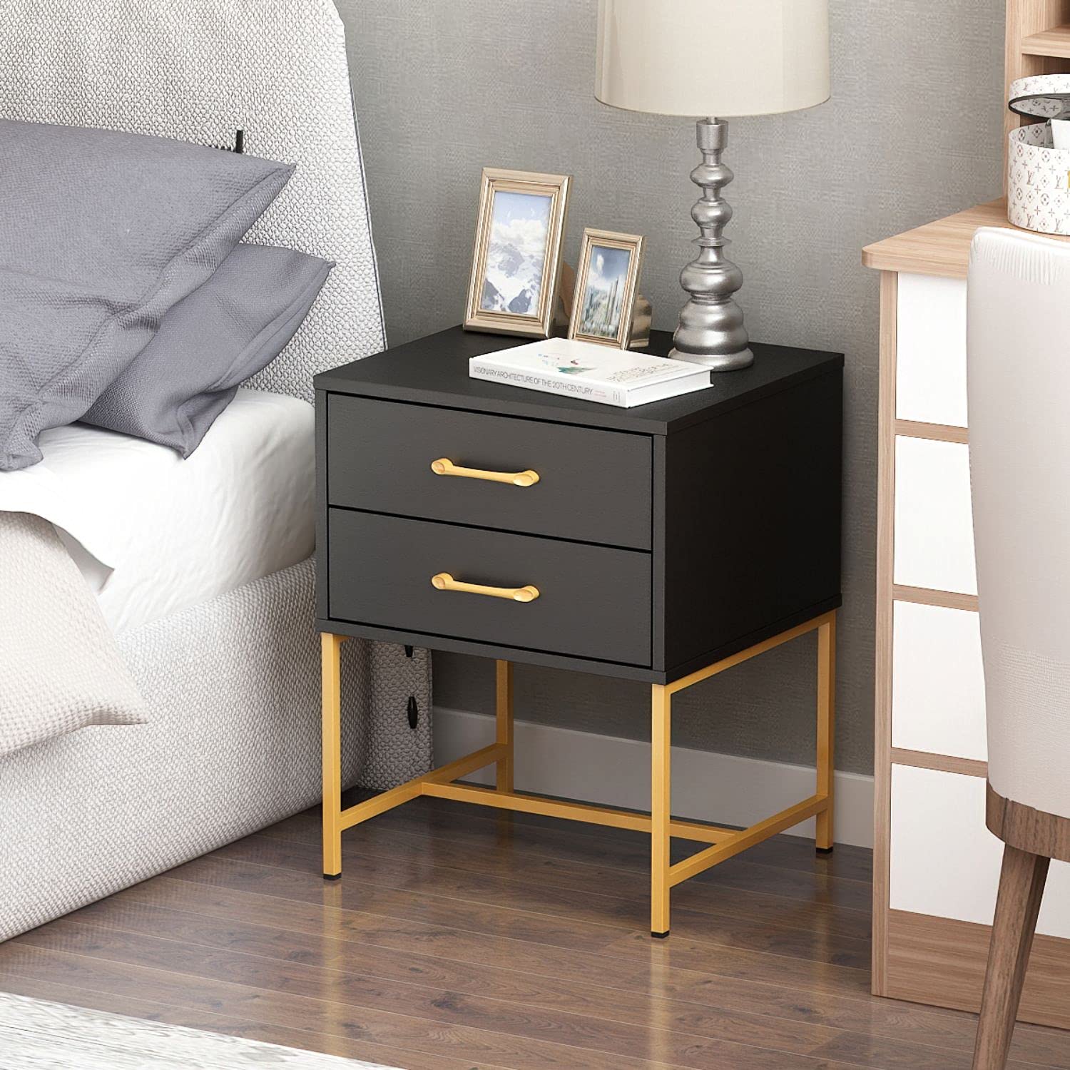 FAMAPY Modern Industrial Nightstand Set of 2 - Black Bedside Tables with Drawers & Metal Frame (17.7”L x 15.7”W x 22.8”H) - Sturdy End Tables for Bedroom, Living Room, or Office Space