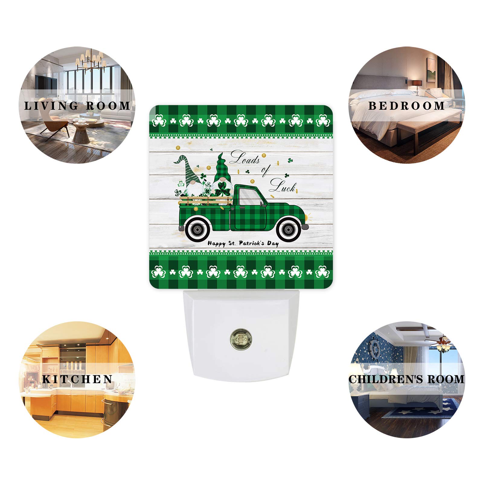 Lucky Gnome LED Night Light with Auto Sensor - St. Patrick's Day Decor for Bedroom, Hallway & Nursery - Plug-in Wall Light with Dimmer for Kids & Adults - Green Truck Design for Home & Office Decor