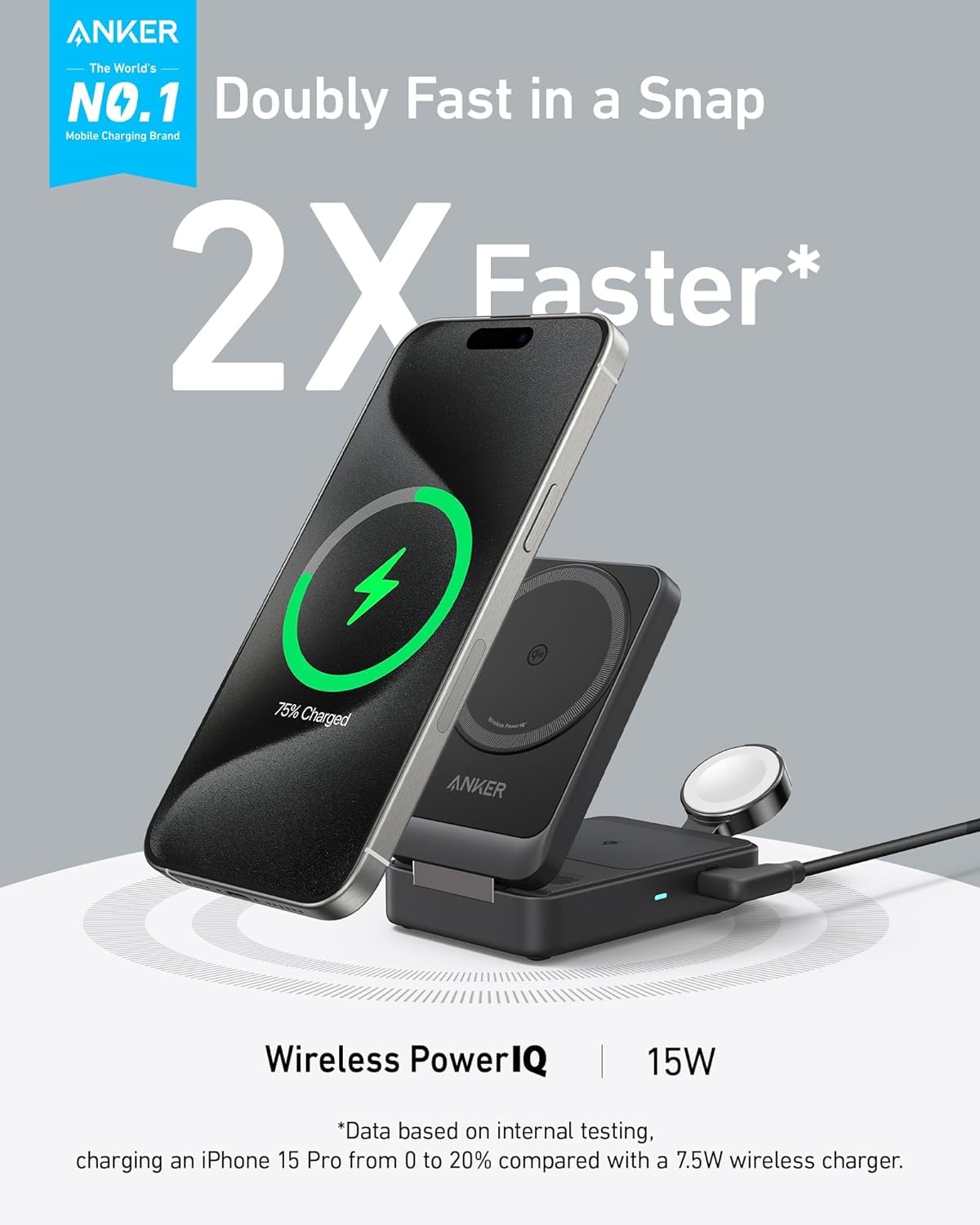 Anker MagGo 3-in-1 Wireless Charging Station with MagSafe | Qi2 Certified 15W Fast Charging | Compatible with iPhone 16/15, AirPods & Apple Watch | Includes 40W USB-C Charger | Perfect for Home, Office & Travel