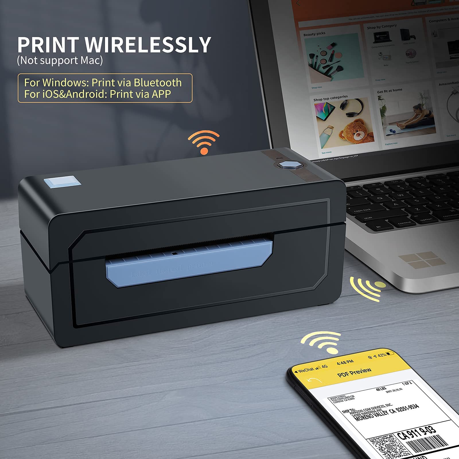 JADENS Wireless Bluetooth Label Printer for Shipping, Barcodes & Organization - Includes 1 Pack Thermal Sticker Labels (100 Sheets) - Perfect for Small Business, Home Office & E-commerce Packaging