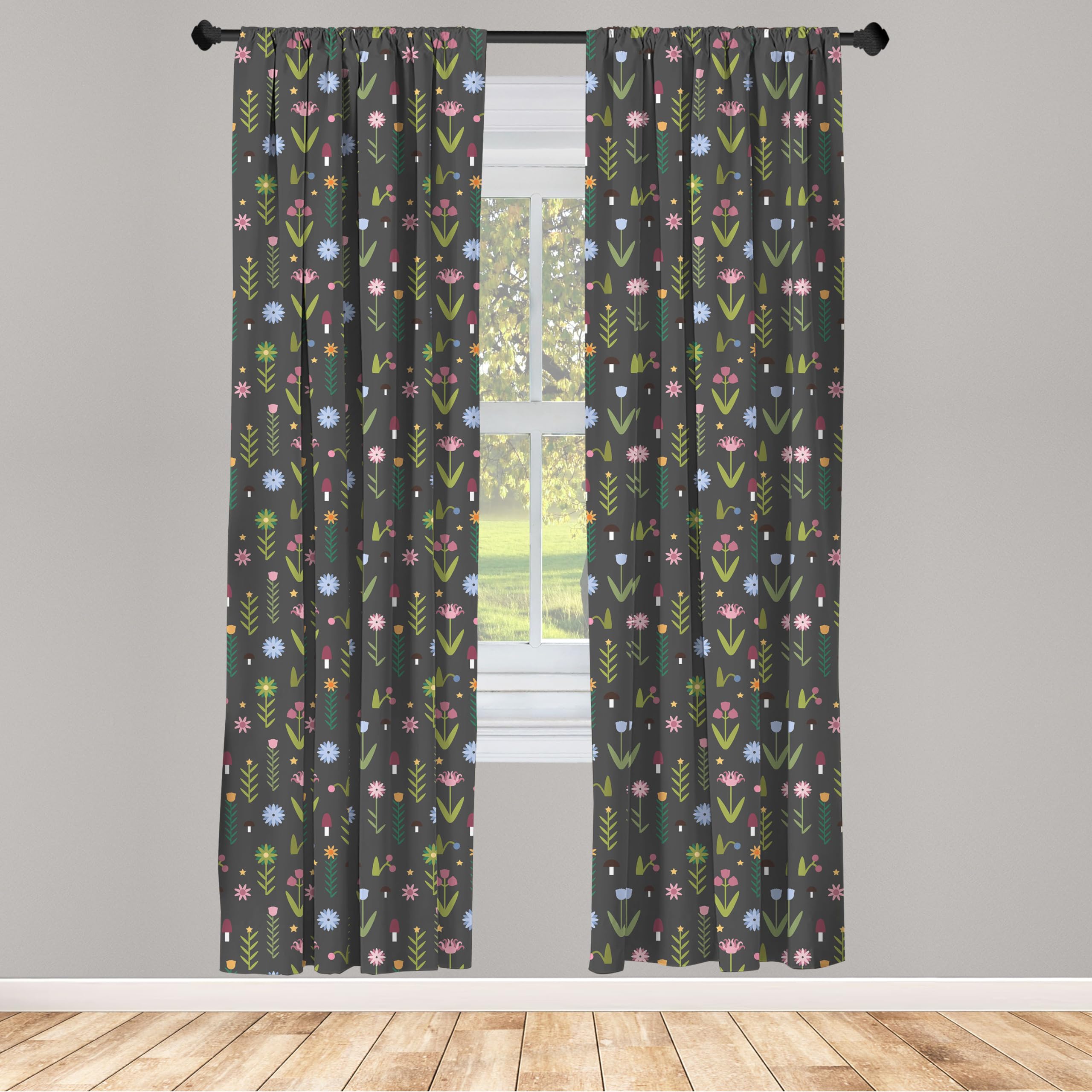 Ambesonne Floral Curtains - Tulip Iris Daisy Rose Petals & Forest Mushroom Pattern Window Treatments | 2 Panel Set for Living Room & Bedroom | 28 x 63 Inches | Olive Green Dried Rose | Perfect for Home Decor & Room Aesthetics