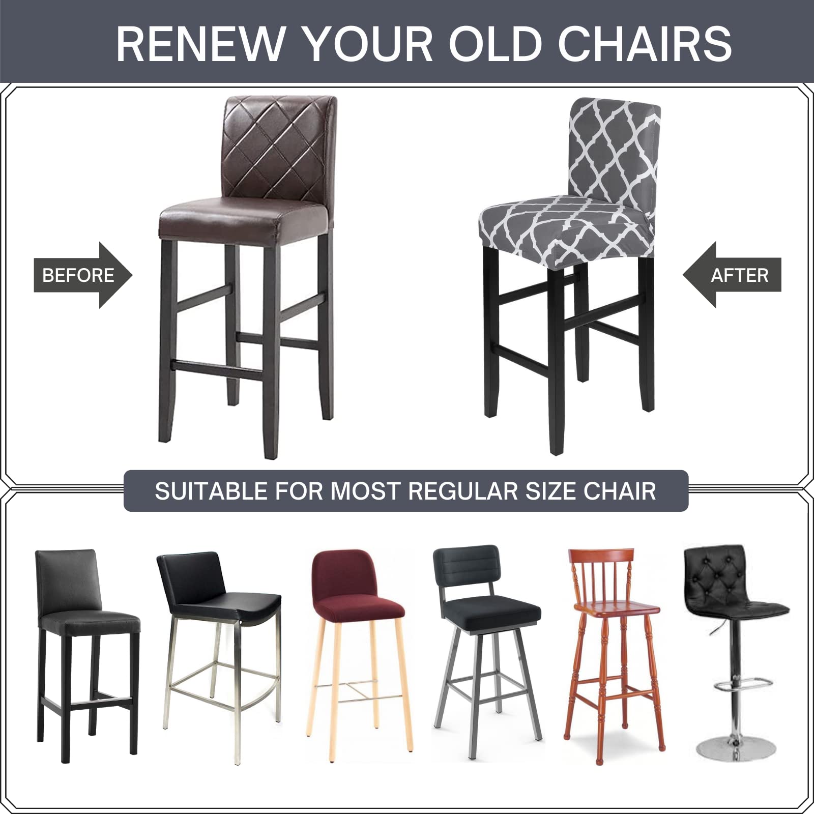Stretch Washable Bar Stool Covers Set of 6 - Counter Height Kitchen Dining Chair Covers for Home & Cafe - Rhombus Grey Design - Perfect for Kitchen Islands, Breakfast Bars & Restaurant Seating