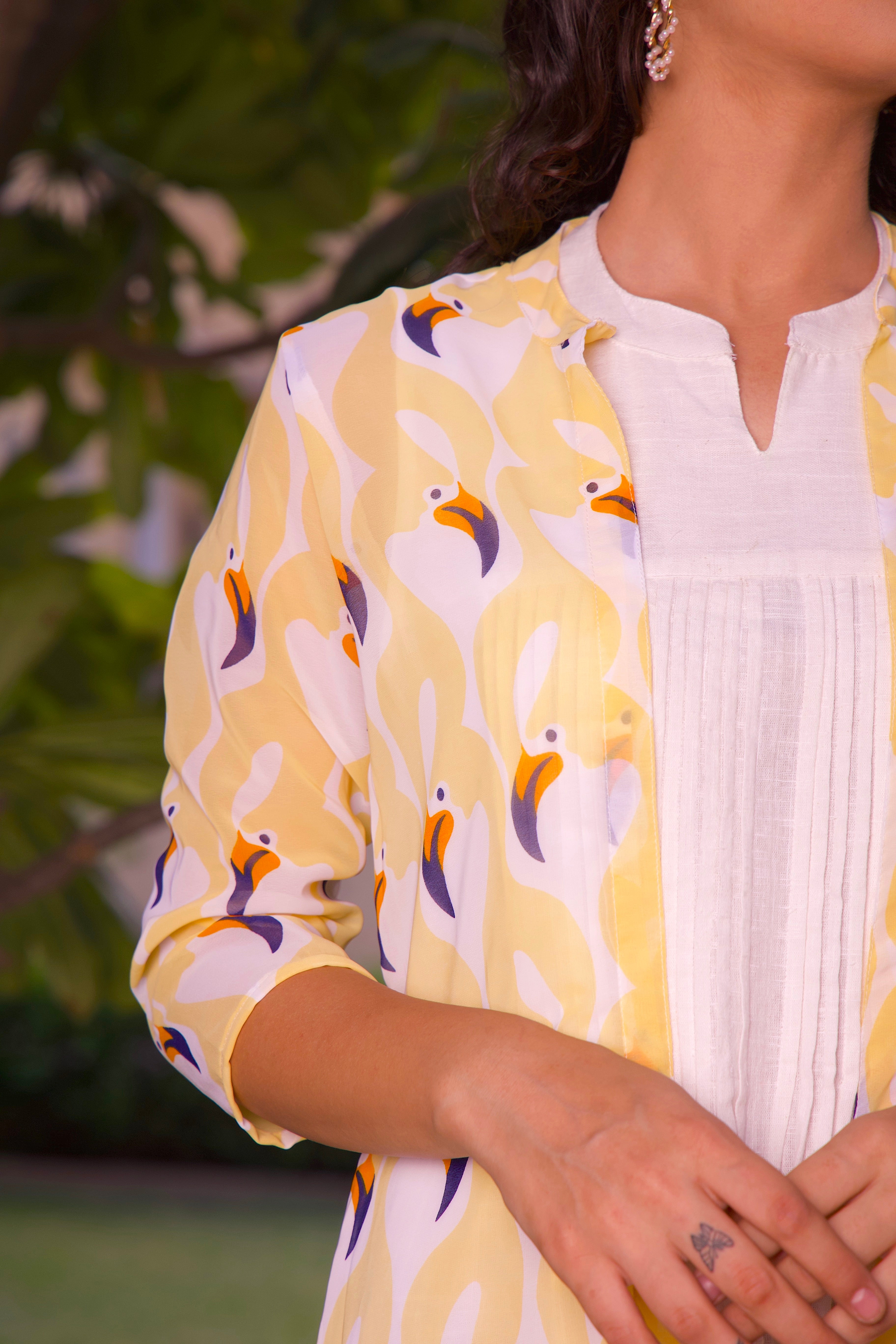 Stylish Yellow Printed Jacket & Maxi Dress Set for Women - Trendy Spring/Summer Outfit for Beach, Party & Casual Wear