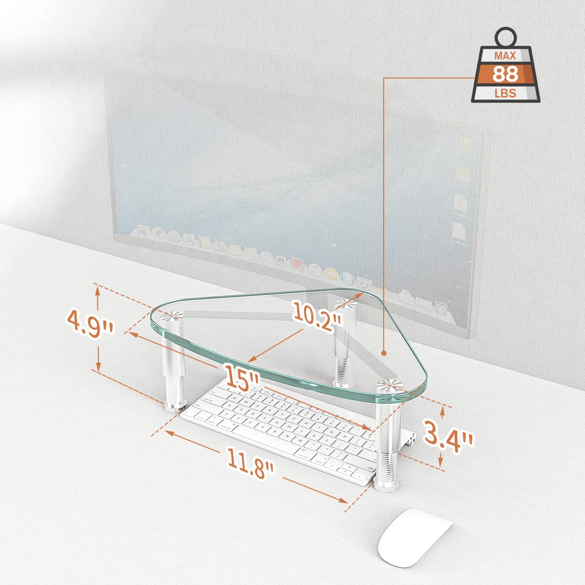 Hemudu Clear Glass Monitor Stand - Universal Triangle Corner Riser for Computer Monitor & Laptop (HD01T-003) - Perfect for Home Office, Gaming Setup & Workspace Organization