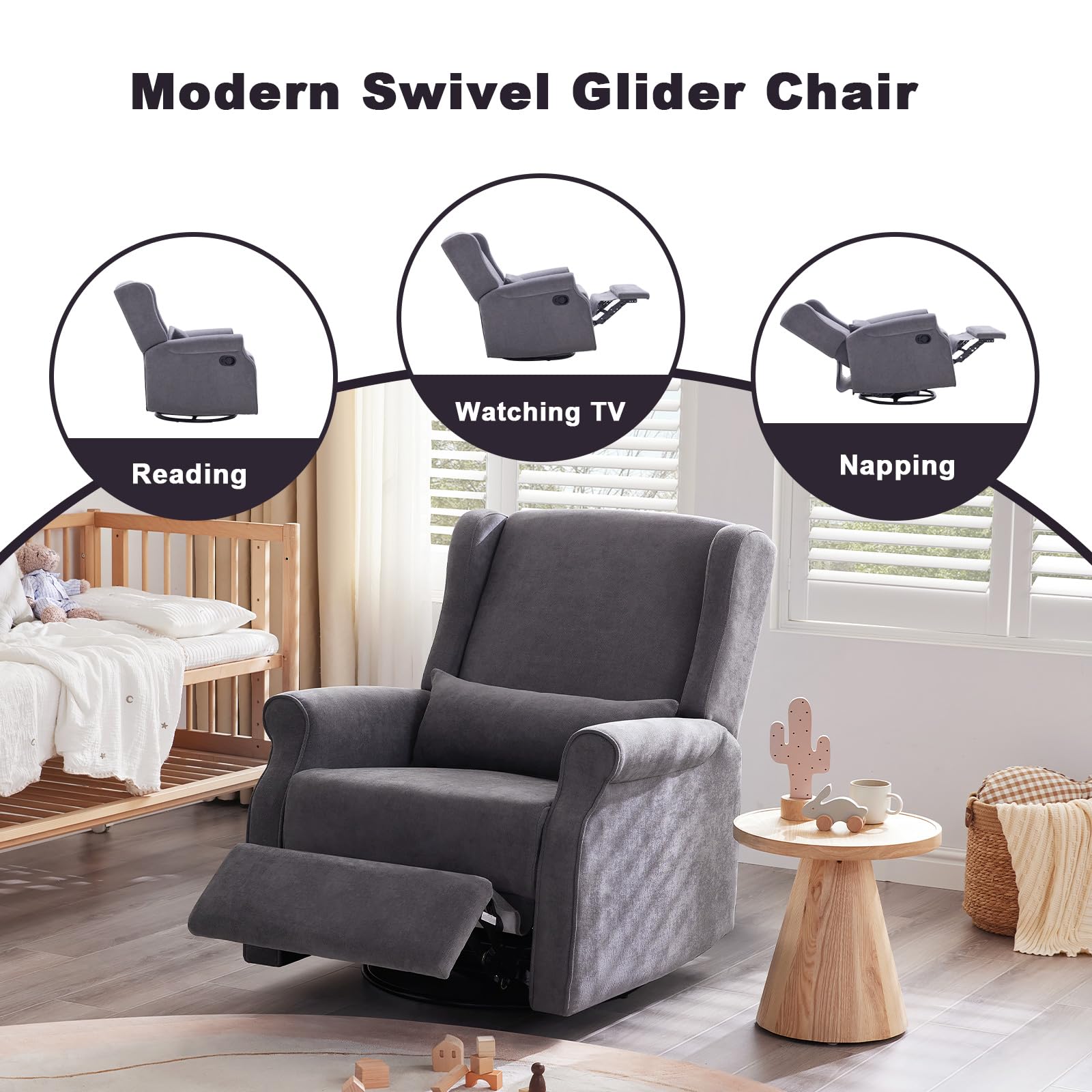 360° Swivel Nursery Glider Chair with Footrest - Manual Reclining Rocking Chair for Nursing Mothers, Baby Room & Living Room - Comfortable Grey Upholstered Glider for Breastfeeding, Relaxation & Nursery Decor
