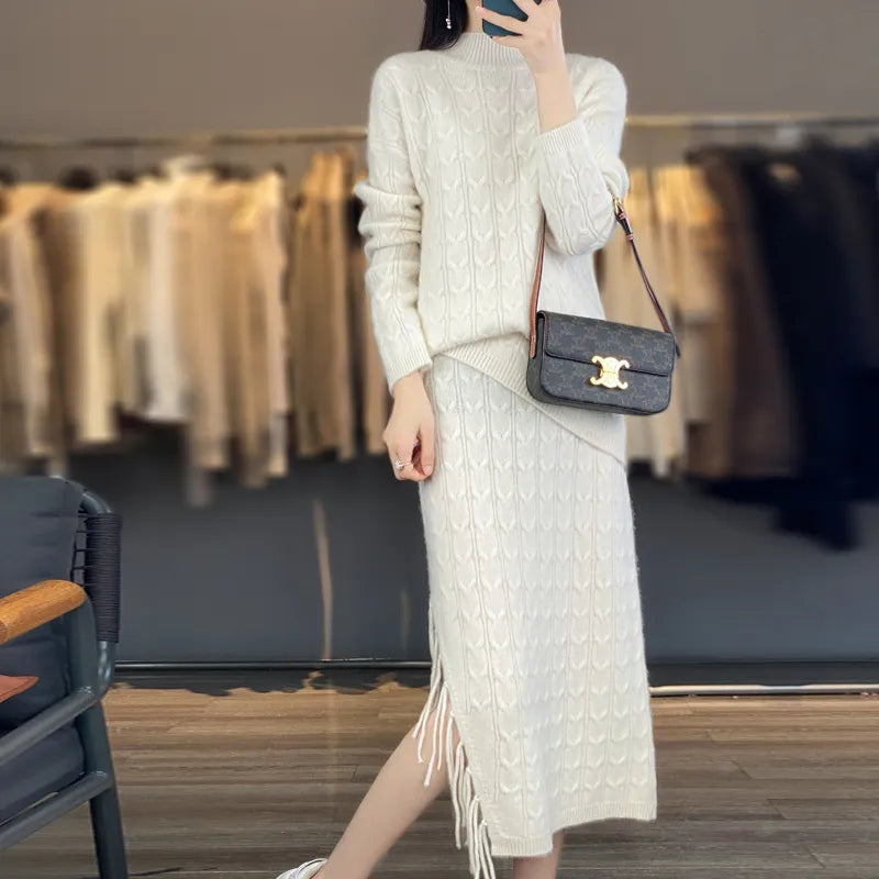Women's Autumn Winter Pure Wool Sweater Set - Semi High Neck Cashmere Knit Top & Tassel Skirt 2-Piece Outfit | Warm Winter Fashion for Office, Dating & Holiday Parties