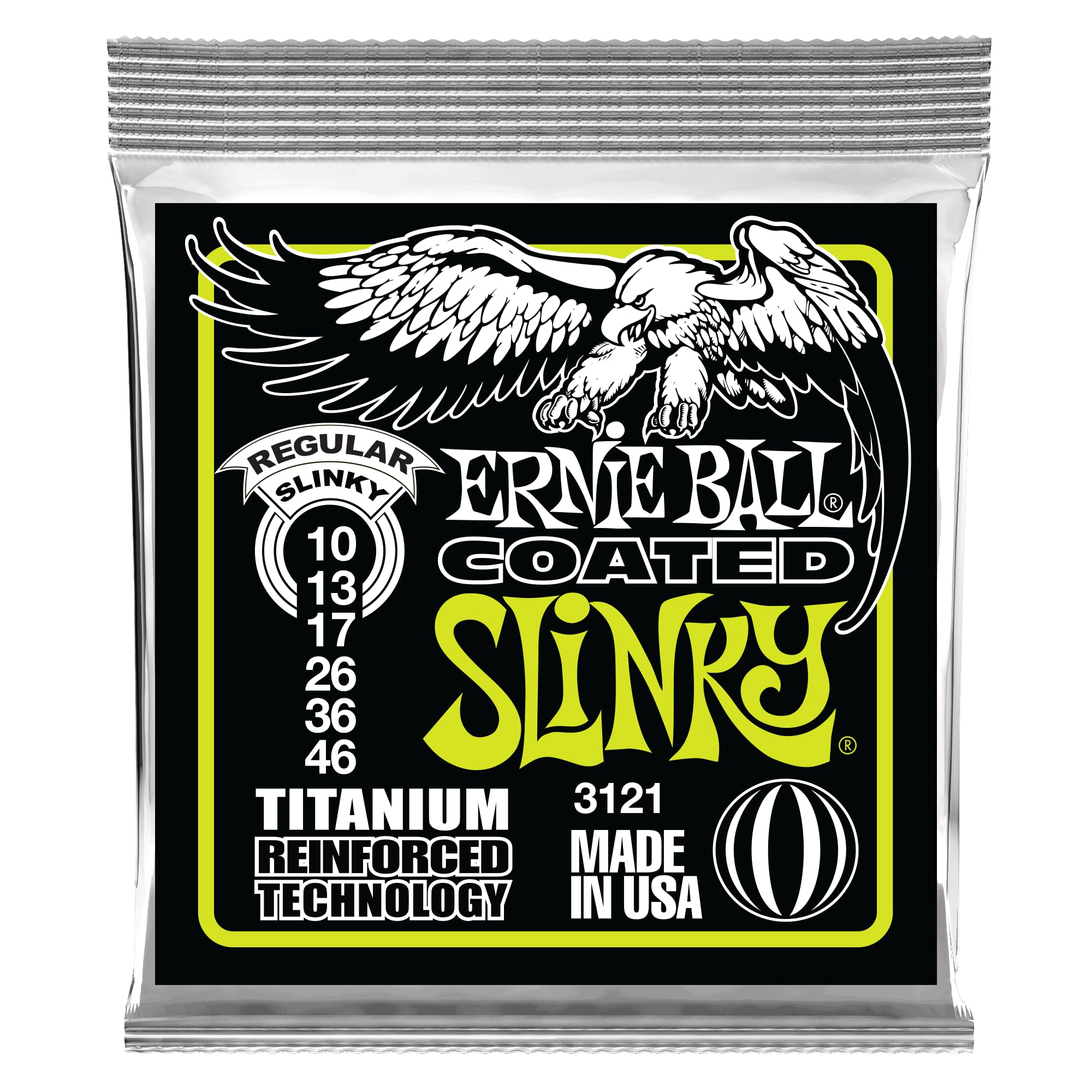 Ernie Ball Regular Slinky Coated Titanium Electric Guitar Strings 10-46 Gauge (P03121) - Premium Coated Strings for Long-Lasting Tone & Playability - Perfect for Rock, Blues & Studio Recording