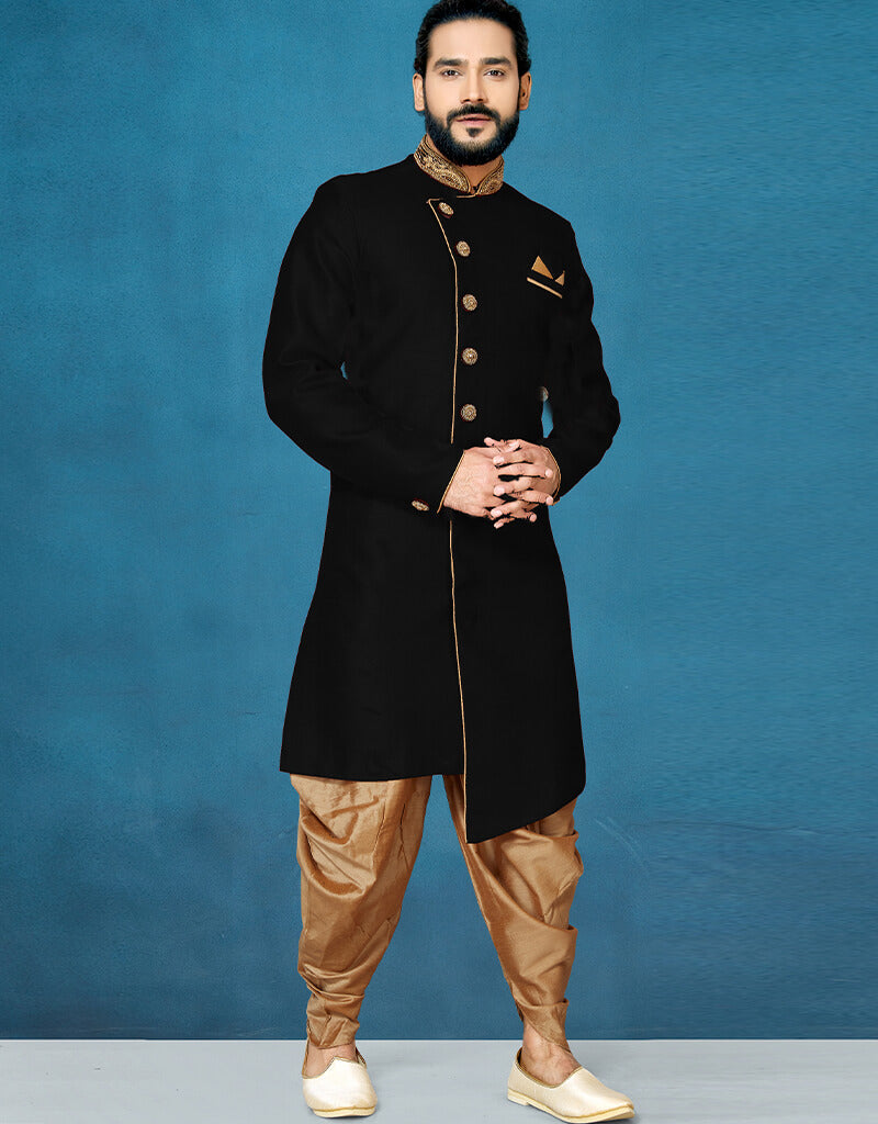 Black Kurta Dhupion Art Silk Dhoti for Men | Traditional Indian Ethnic Wear | Perfect for Festivals, Weddings & Cultural Events