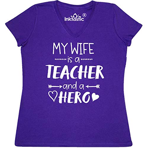 My Wife is a Teacher & Hero Women's V-Neck T-Shirt - Soft Cotton Tee for Teacher Appreciation Gifts, Wife's Birthday & Women's Day