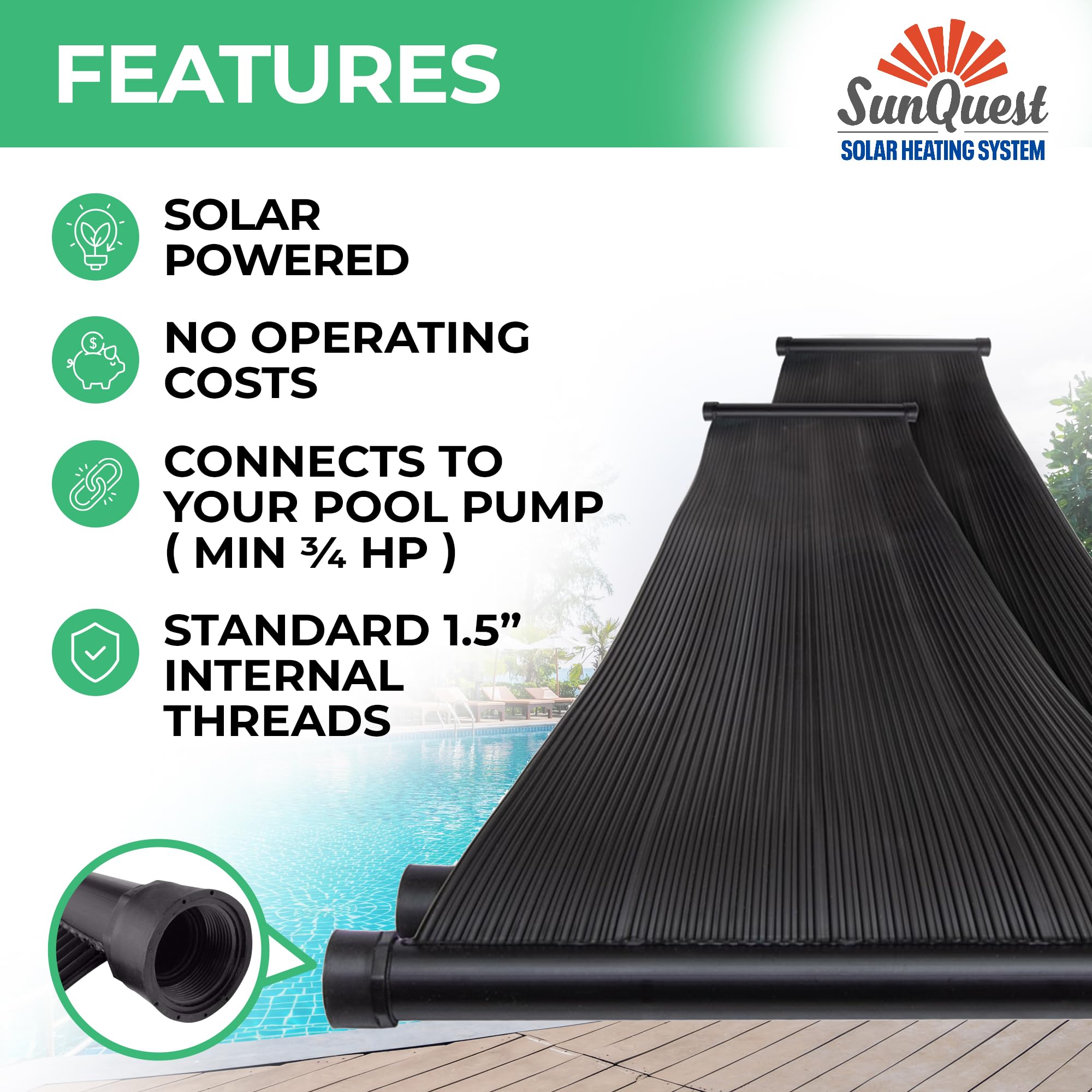 SunQuest Solar Pool Heater Panels - 2 Pack (2ft x 12ft) Solar Collectors with Diverter Kit - Efficient Solar Water Heater for Above Ground & Inground Pools - DIY Installation, UV-Resistant Polypropylene Panels - Perfect for Extending Swimming Season & Reducing Energy Costs