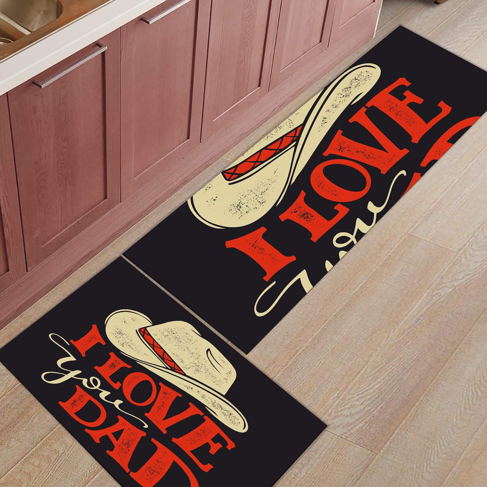 Vintage Cowboy Hat Non-Slip Kitchen Rugs - Set of 2 Black Runner Mats for Floor, Kitchen, Bedside, Sink, Office & Laundry | Perfect for Western Decor, Father's Day Gifts & Country Style Homes