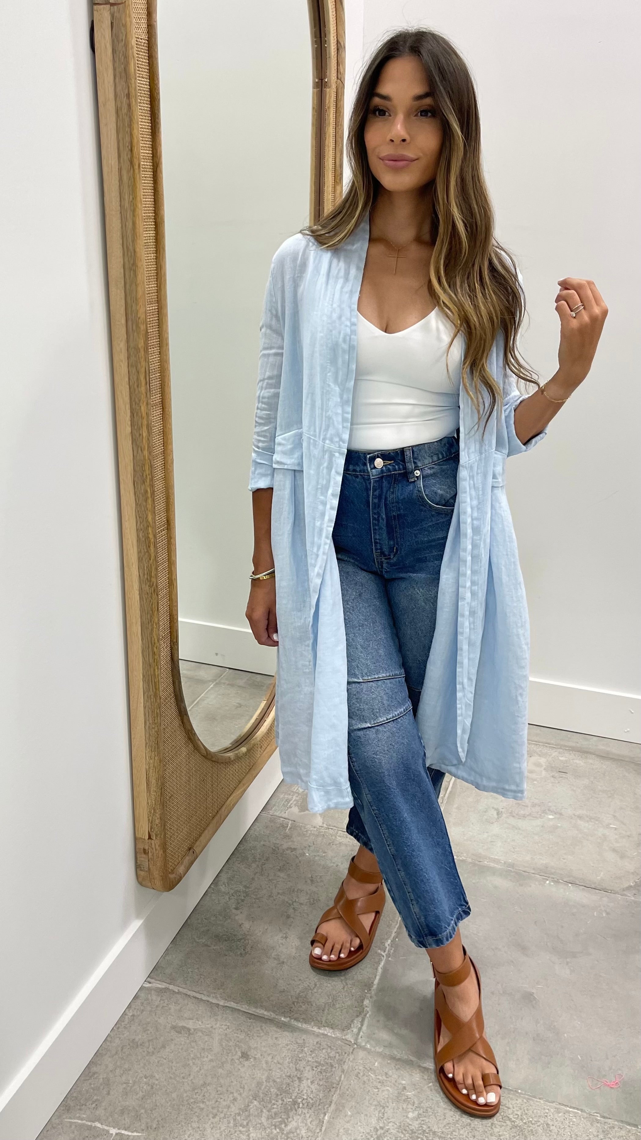 Soft Linen Baby Blue Shawl Cardigan for Women - Lightweight Summer Cover-Up for Beach, Office & Casual Outings