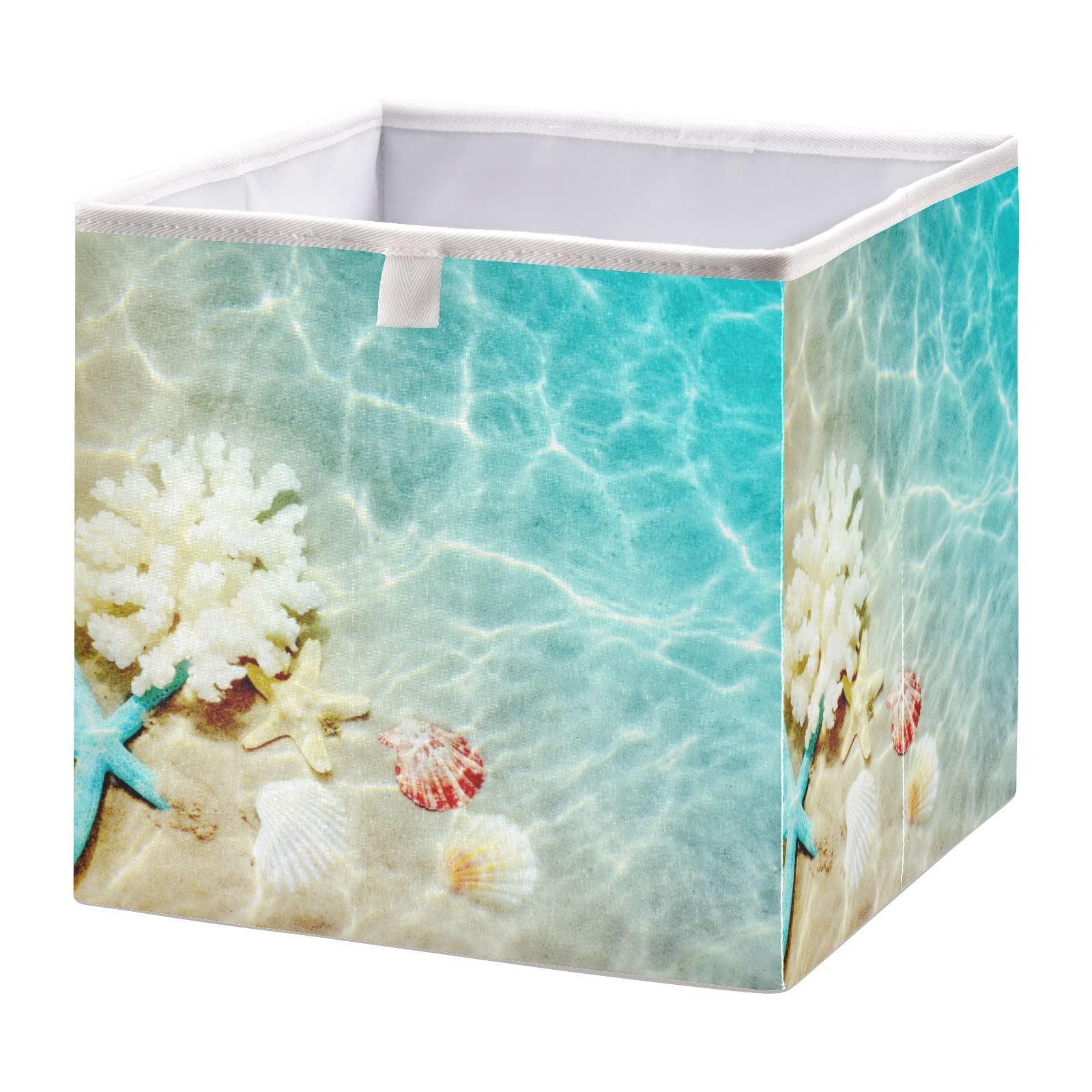 Foldable Starfish Seashell Storage Basket - 11x11x11 Inch Cube Bin for Shelves, Closet, Laundry & Nursery | Summer Beach Home Decor Organizer for Bedroom, Bathroom & Living Room