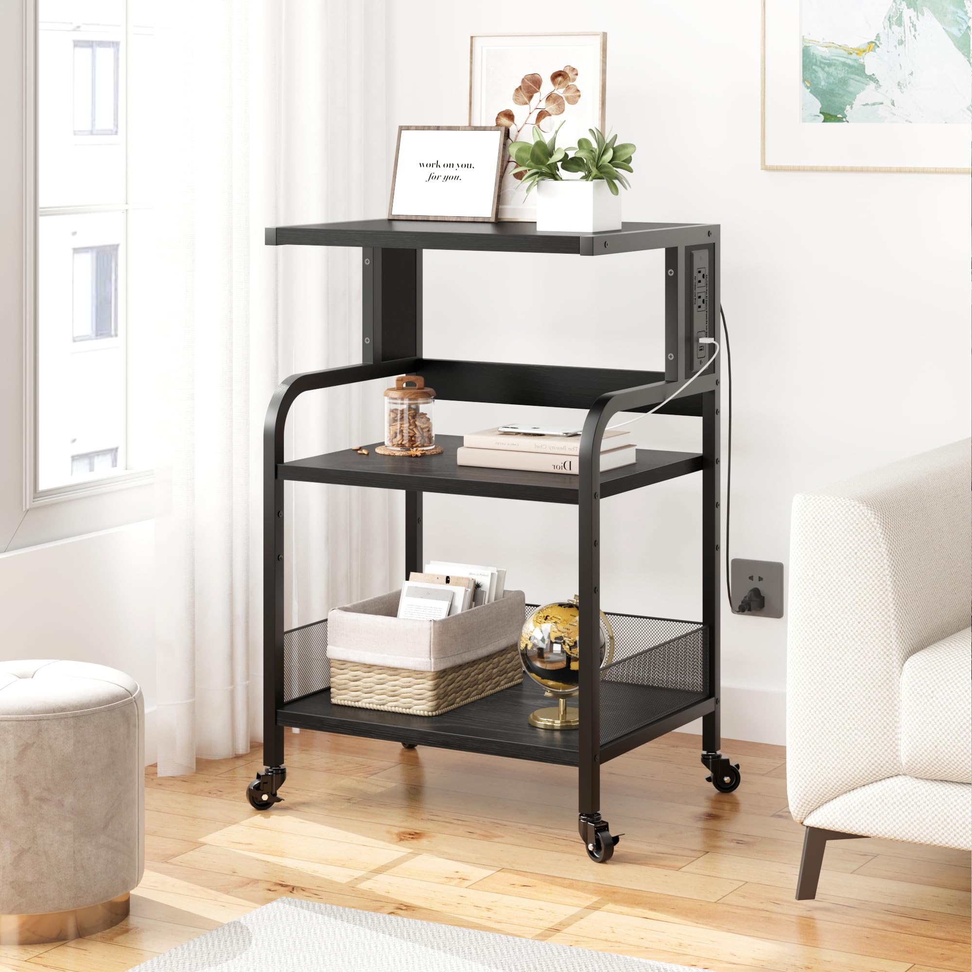 GAOMON Large Printer Stand with Power Outlets & USB Ports - 3-Tier Adjustable Rolling Cart with Storage Shelf - Mobile Printer Table for Home Office & Living Room - Rustic Black - Perfect for Organizing Printers, Scanners & Office Supplies