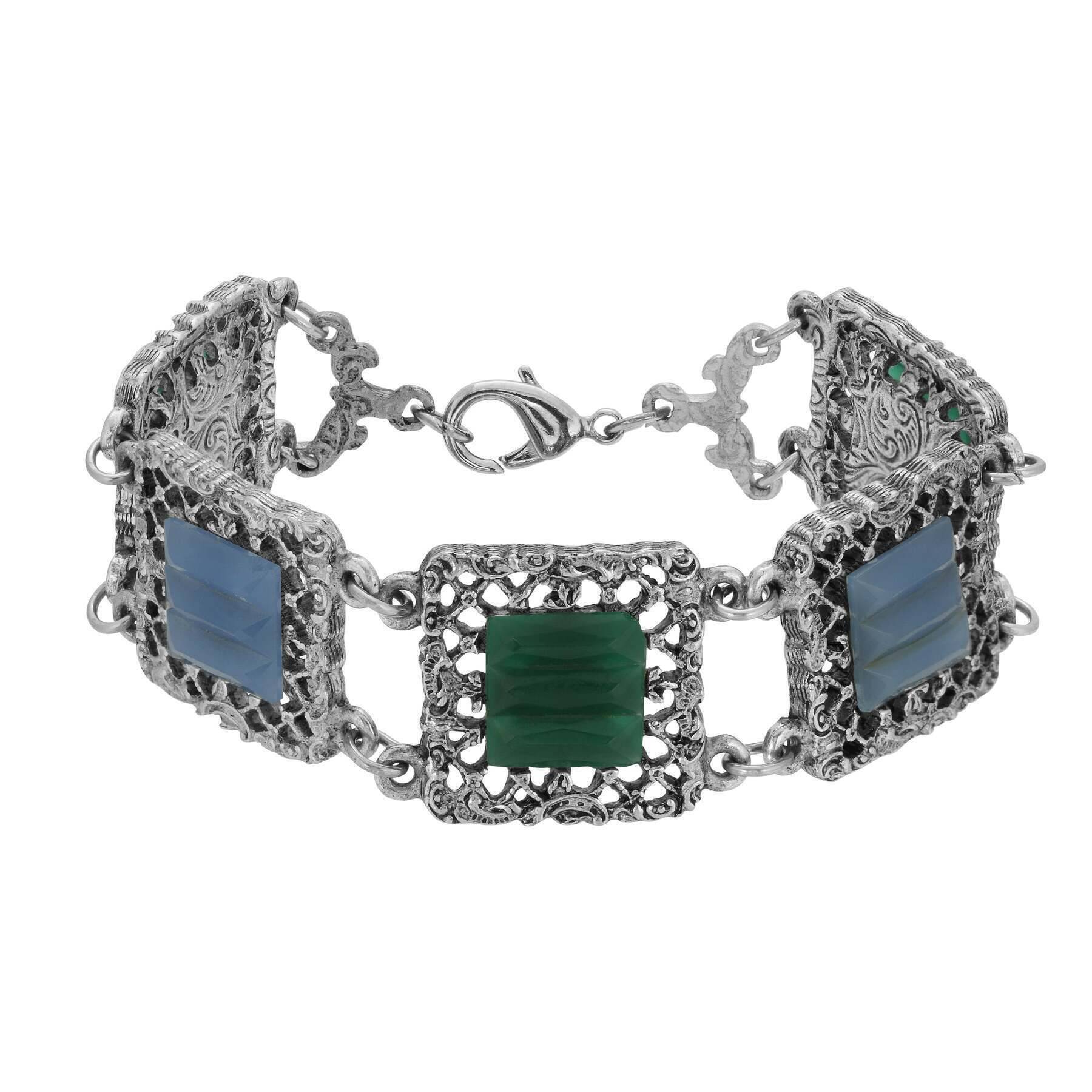 Vintage 1928 Art Deco Filigree Square Glass Stone Bracelet - Perfect for Weddings, Parties & Retro Fashion Accessories