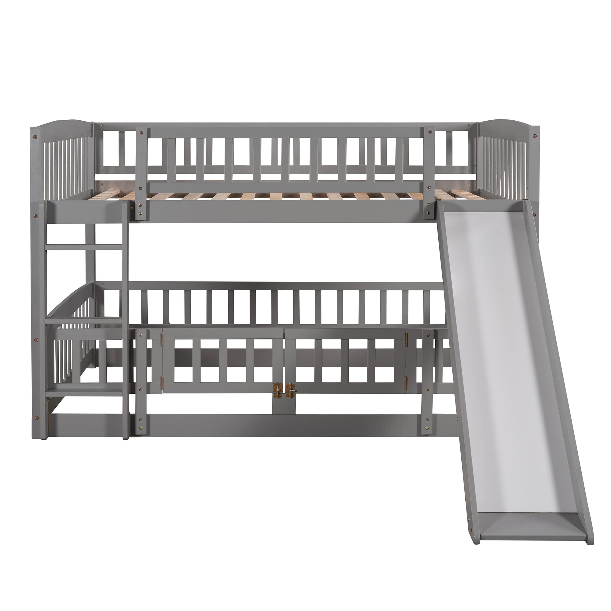 Harper & Bright Designs Full Over Full Low Kids Bunk Bed with Slide - Wooden Bunk Bed Frame with Safety Guardrail, Ladder & Fun Small Door for Toddlers, Kids & Teens - Perfect for Small Bedrooms, Playrooms & Sleepovers (Grey)