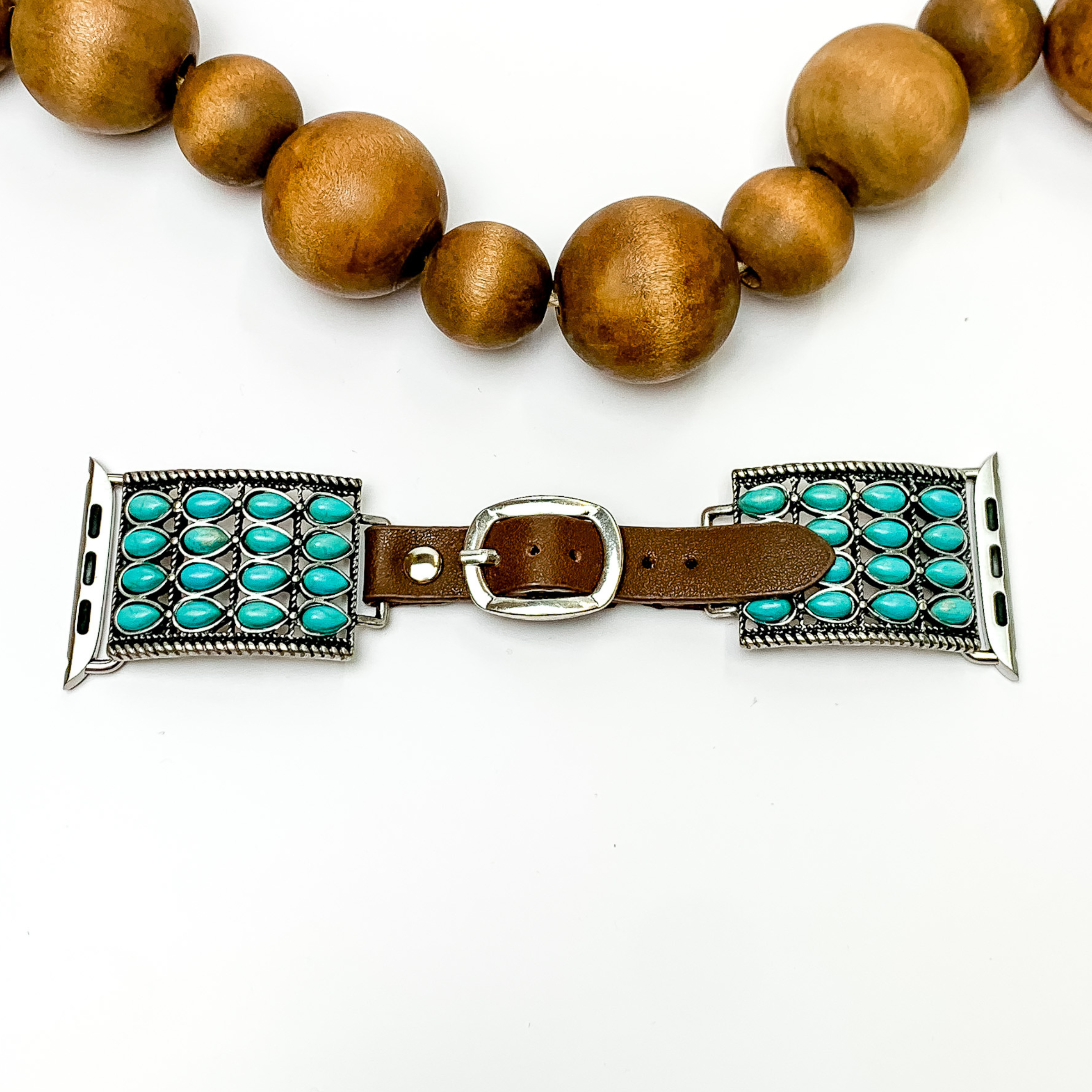 Brown Leather Smart Watch Band with Rope Detailing, Square Pendant & Turquoise Stones - Stylish Accessory for Women, Perfect for Work, Gym & Everyday Wear