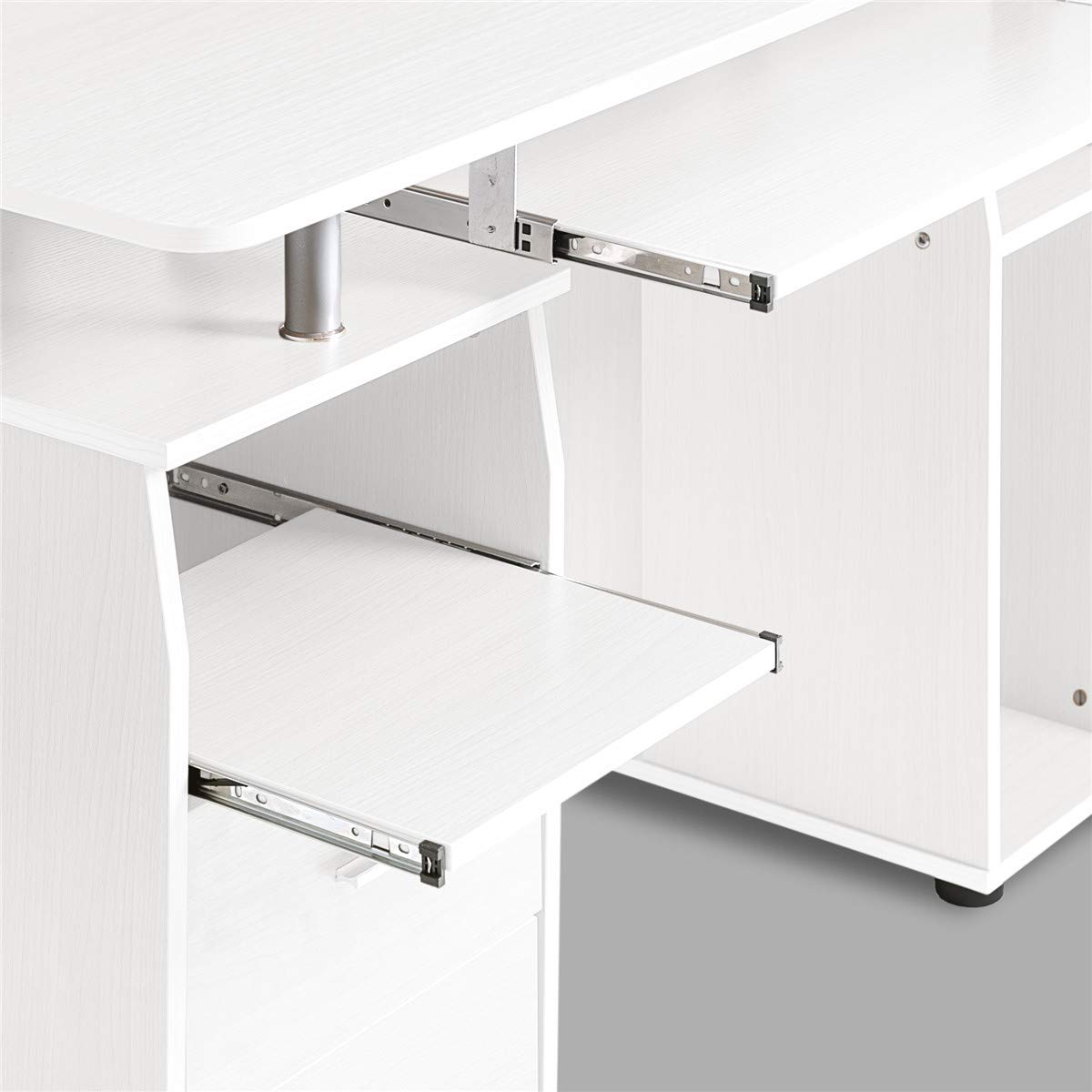 Ergonomic Home Office Computer Desk with Elevated Shelf, Drawers & Keyboard Tray - Multi-Functional Writing Study Table for Small Spaces - Perfect for Remote Work, Online Learning & Gaming (White)
