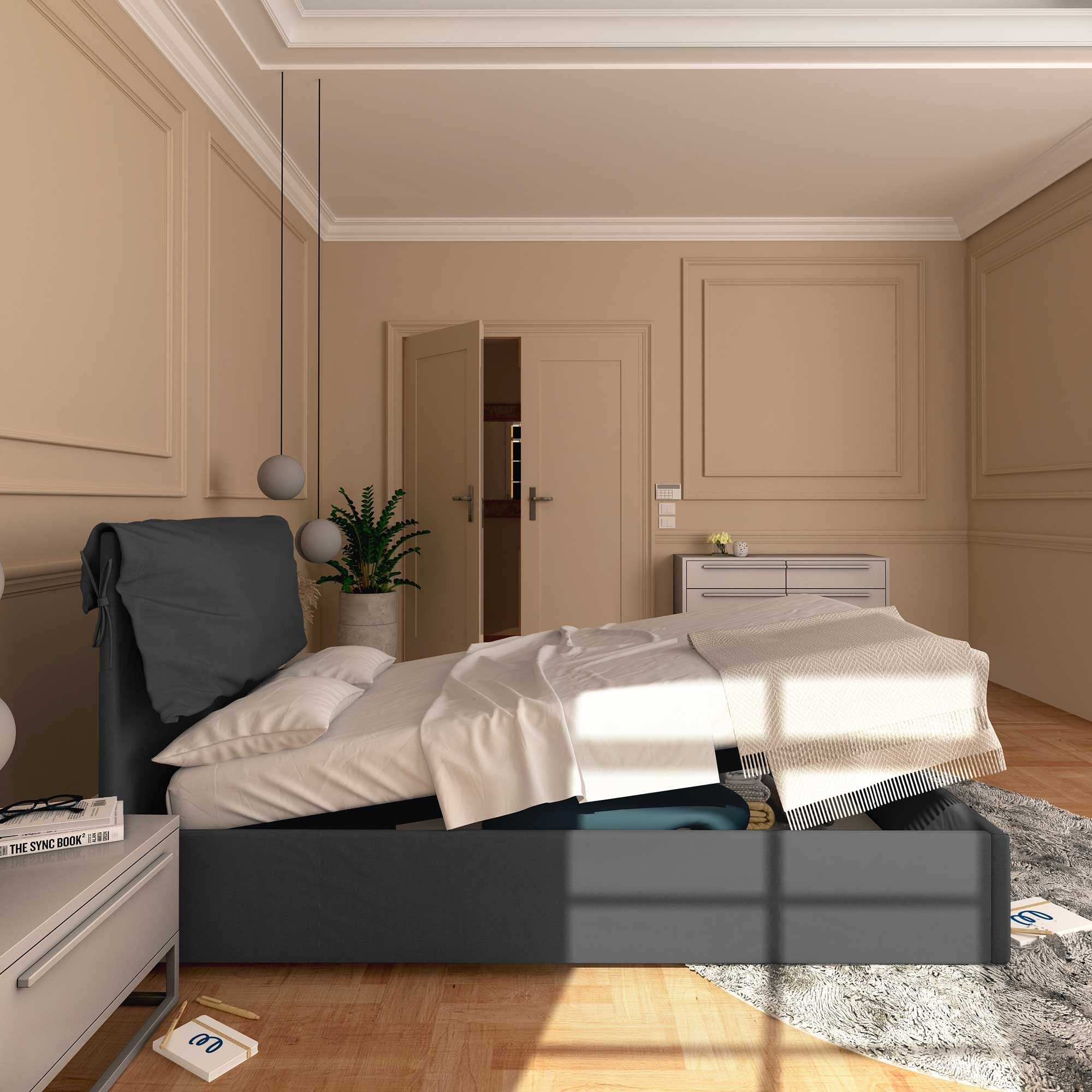 Baldiflex Square and Half Bed with Storage Container - Licia Soft Synthetic Leather, Slatted Base for Square and Half Mattresses, 120 x 190 cm, Thin Padded Headboard, Dark Gray - Perfect for Small Bedrooms, Guest Rooms & Studio Apartments