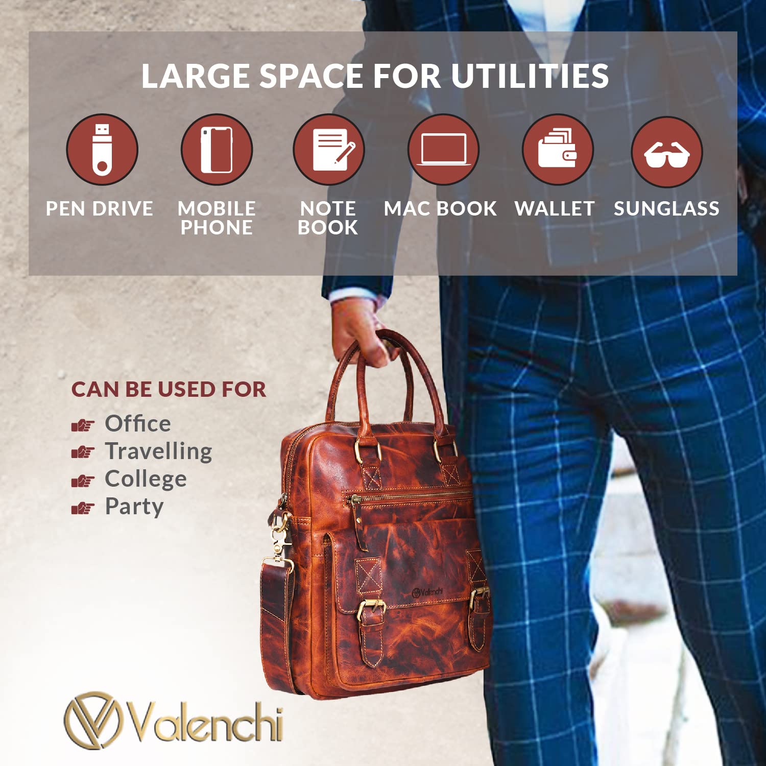 VALENCHI Genuine Leather Messenger Bag for Men - Stylish Laptop Briefcase & Shoulder Bag for Office, Work, Business, Travel - Perfect for Professionals & Commuters