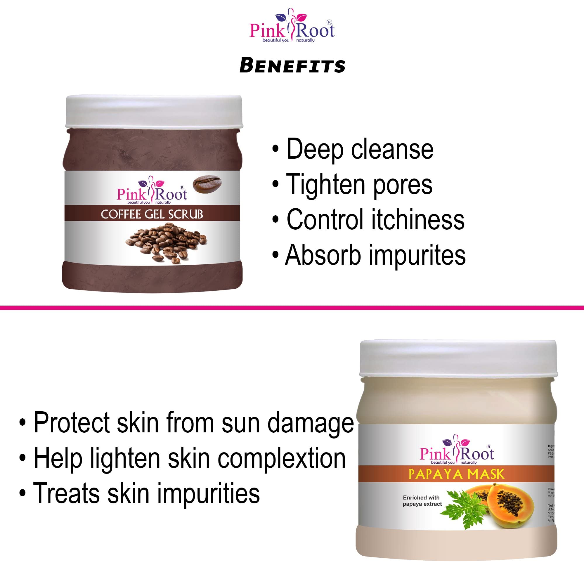 Pink Root Coffee Gel Scrub & Papaya Mask Set - 500gm Each - Exfoliating & Brightening Skincare Duo for Face & Body - Perfect for Spa Day & At-Home Self Care Routine