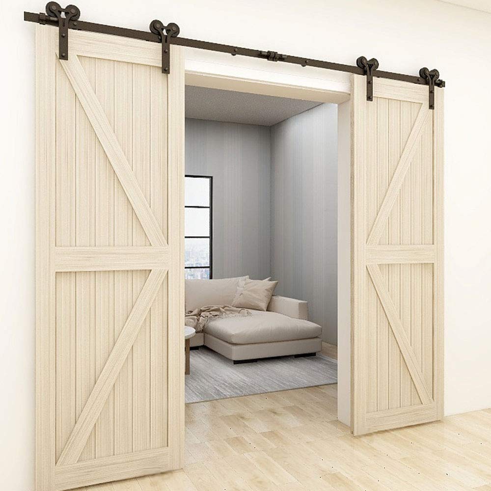 5.5FT Heavy Duty Sliding Barn Door Hardware Kit for Double Wood Doors - Smooth & Quiet Y-Style Hanger - Perfect for Farmhouse, Rustic, and Modern Home Interiors