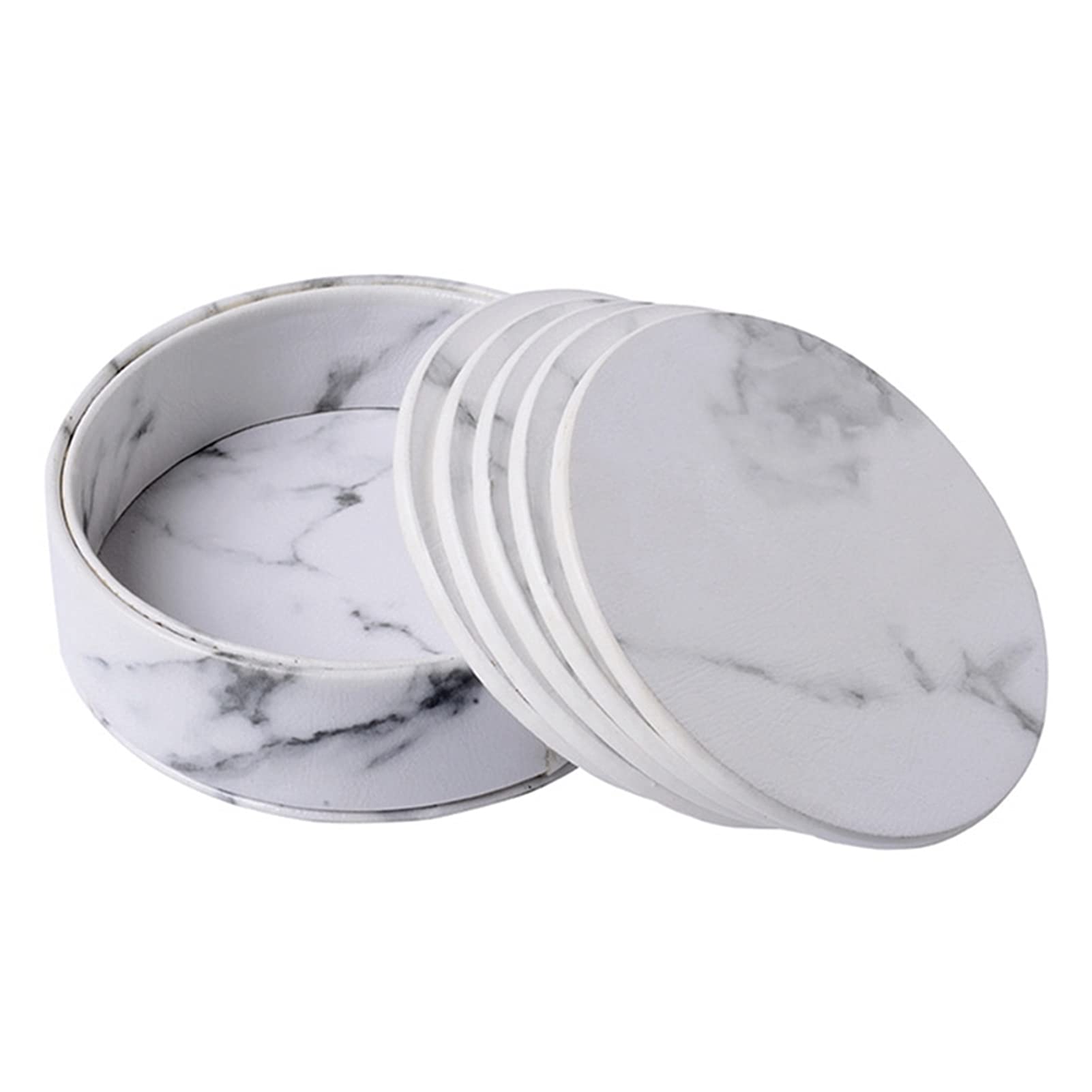 FSLLOVE 6-Pack Washable Heat-Resistant Round Table Mats - Marble PU Leather Coasters for Hot Drinks & Dishes - Heat Insulation Placemats for Dining Table, Kitchen Counter, Office Desk - Home Decor Accessories (White)