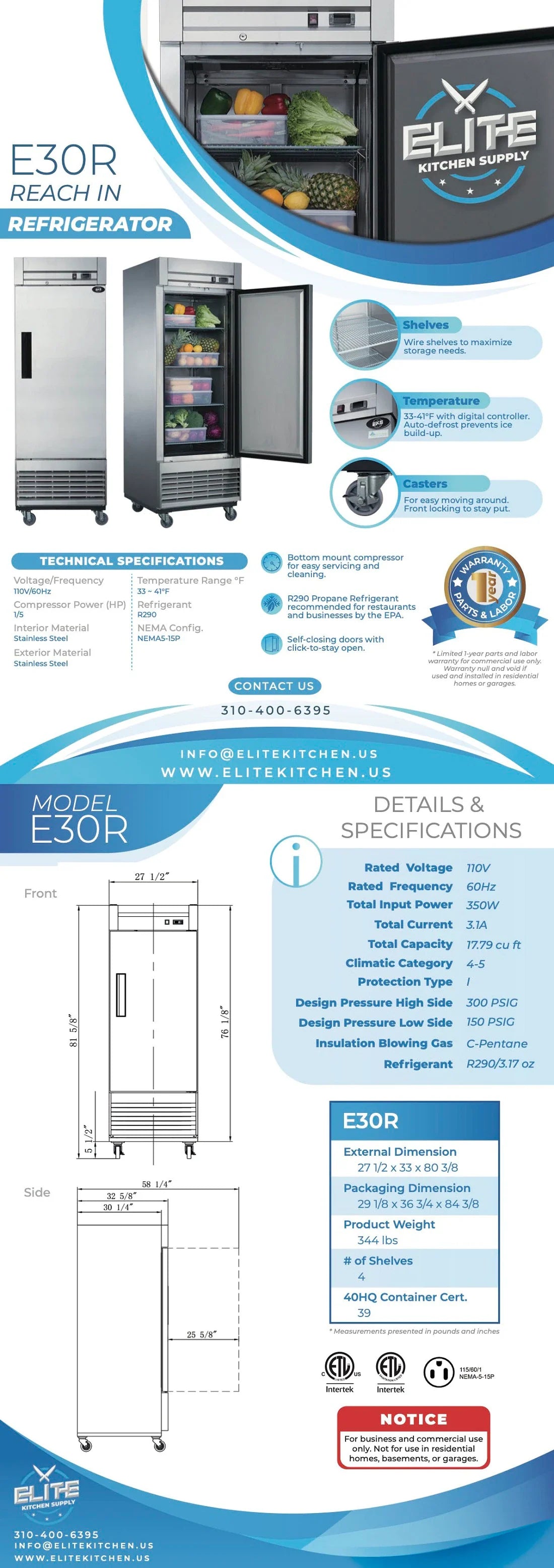 E30R Commercial 1 Door Reach-In Refrigerator - Energy Efficient Stainless Steel Restaurant Fridge for Kitchen, Bar, Cafe & Food Storage