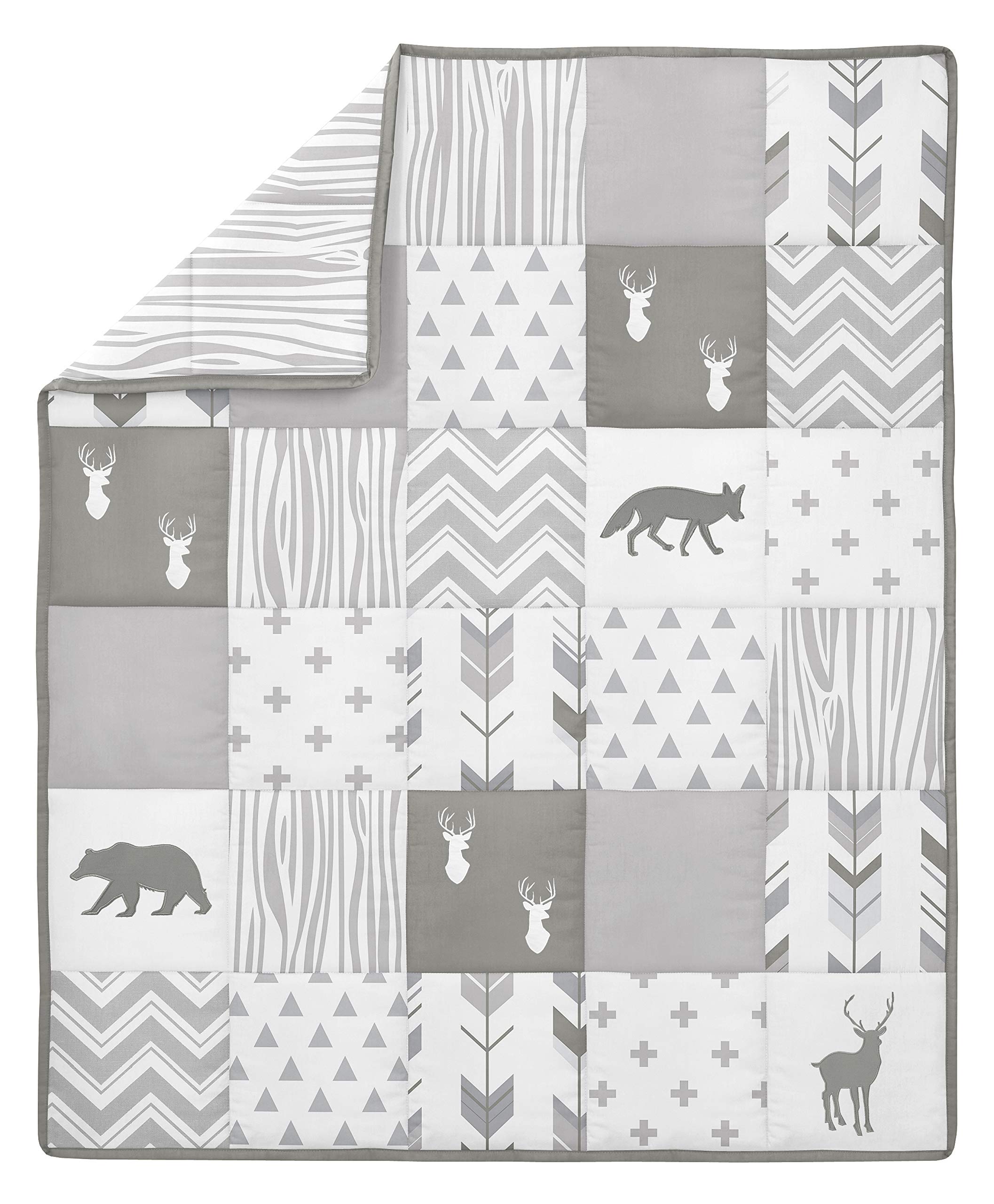 Sweet Jojo Designs Grey and White Woodsy Deer Baby Crib Bedding Set - 4 Piece Nursery Set for Boys, Girls & Unisex - Perfect for Cozy Nurseries, Baby Showers & Gender-Neutral Themes
