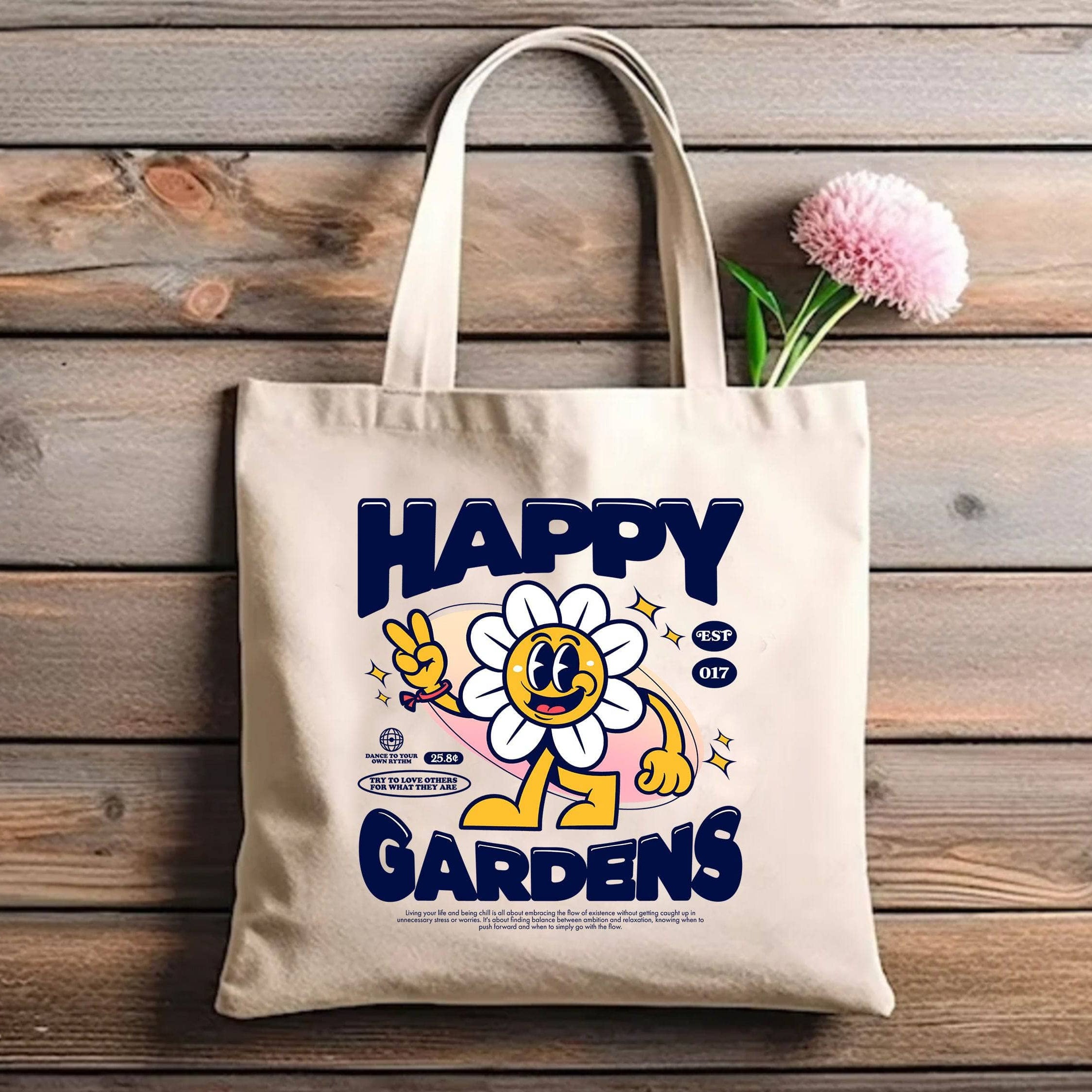 Happy Gardens Eco-Friendly Reusable Tote Bag - Sustainable Shopping Grocery Bag for Farmers Market, Beach & Travel