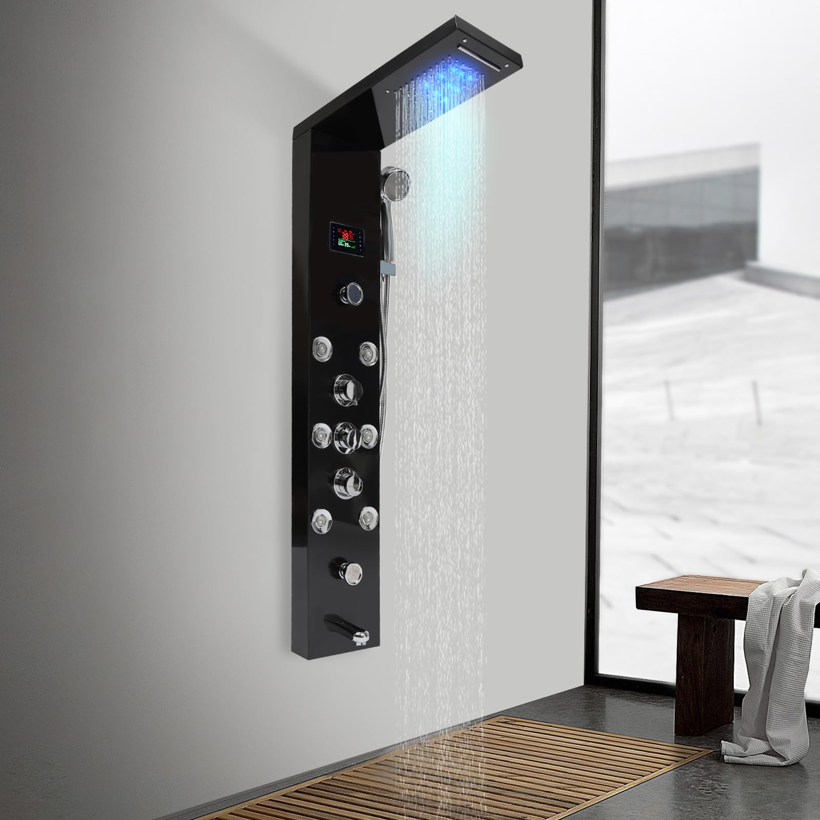 Premium Stainless Steel 6-Function Shower Panel Tower System with LED Rainfall Shower Head, Hydroelectric Display & Massage Jets - Spa-Like Bathroom Upgrade for Relaxing Rain Shower Experience