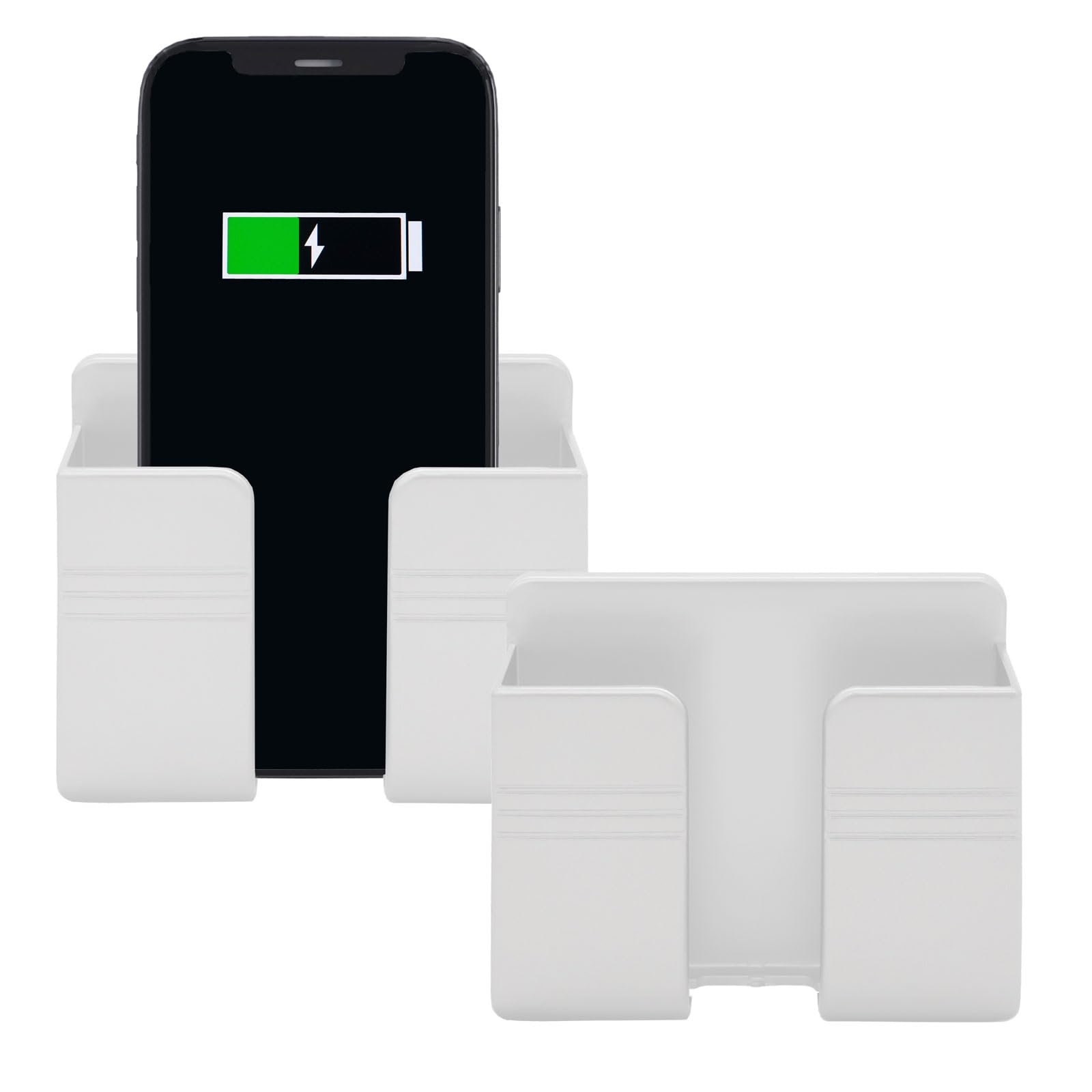 2PCS Adhesive Wall Mount Phone Holder with Cable Hole - Universal Remote Control & Smartphone Stand for Bedroom, Living Room, Bathroom, Kitchen & Office - Space Saving Organizer (White) - Perfect for Charging & Hands-Free Viewing While Cooking, Working or Relaxing