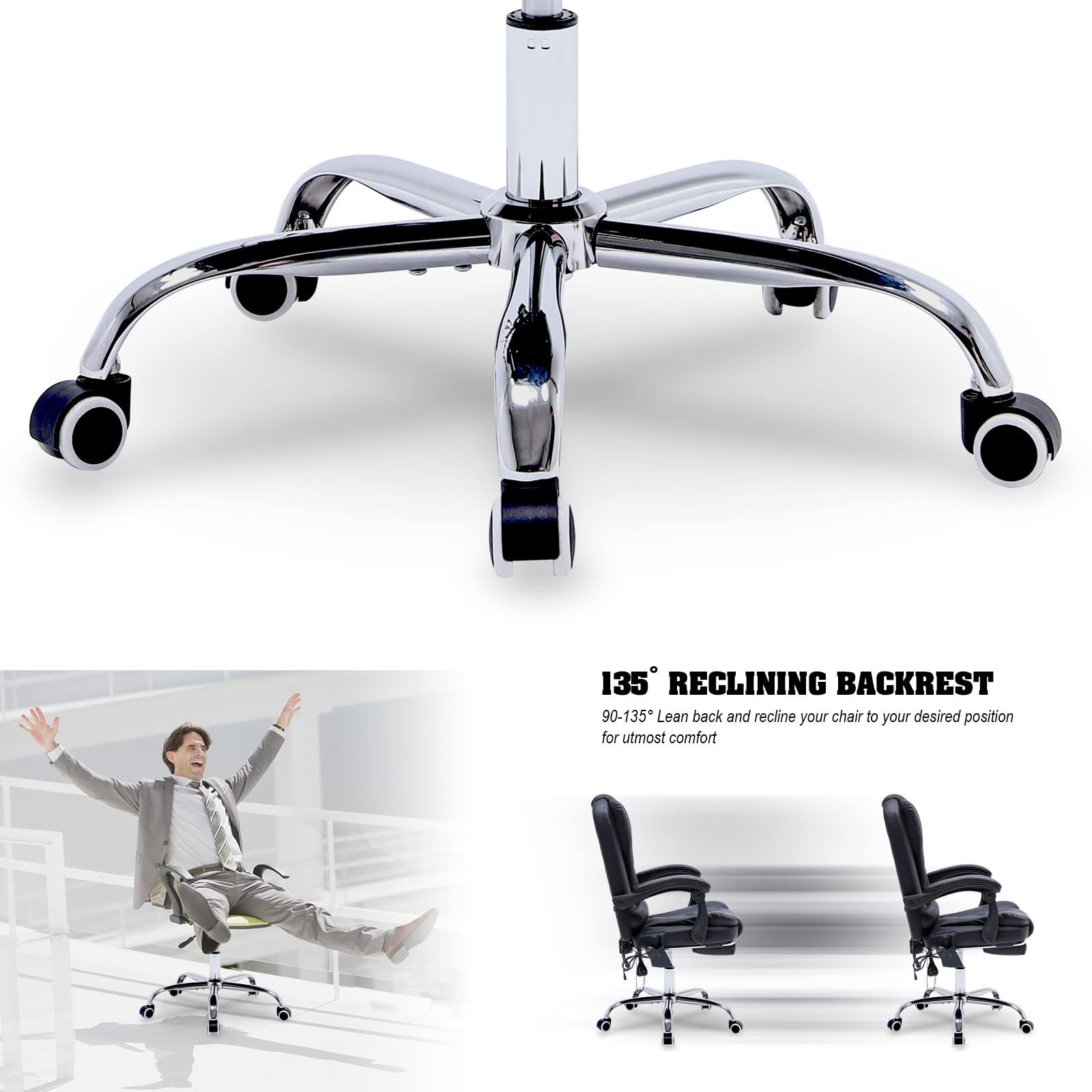 Ergonomic Reclining Office Chair with Massage & Heat - PU Leather Executive Computer Chair with Footrest & Padded Armrest - High Back Swivel Recliner for Home Office, Study, or Gaming - Black