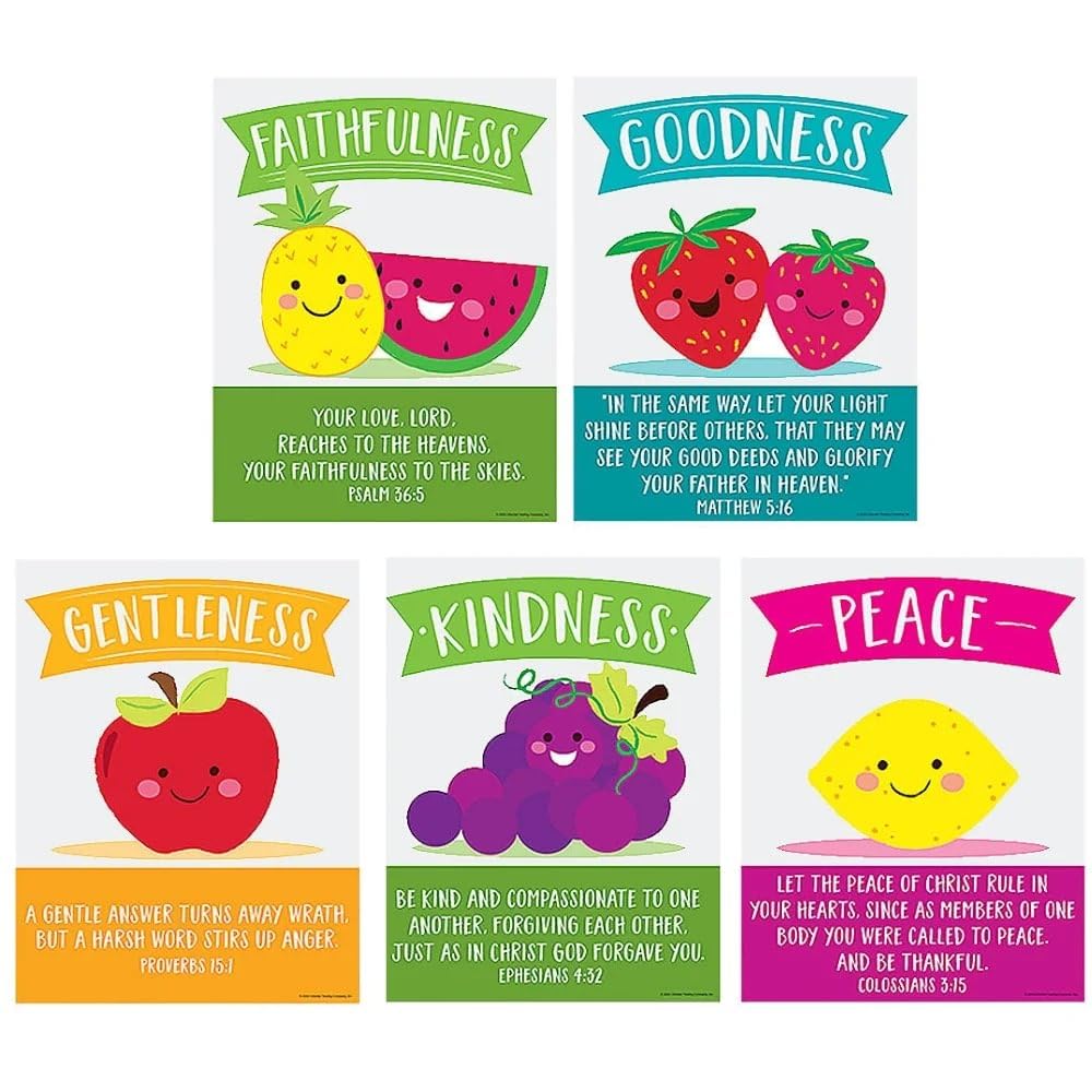 Fun Express Fruit of The Spirit Poster Set - 6 Piece Christian Educational Posters for Sunday School, Bible Study & Kids Room Decor