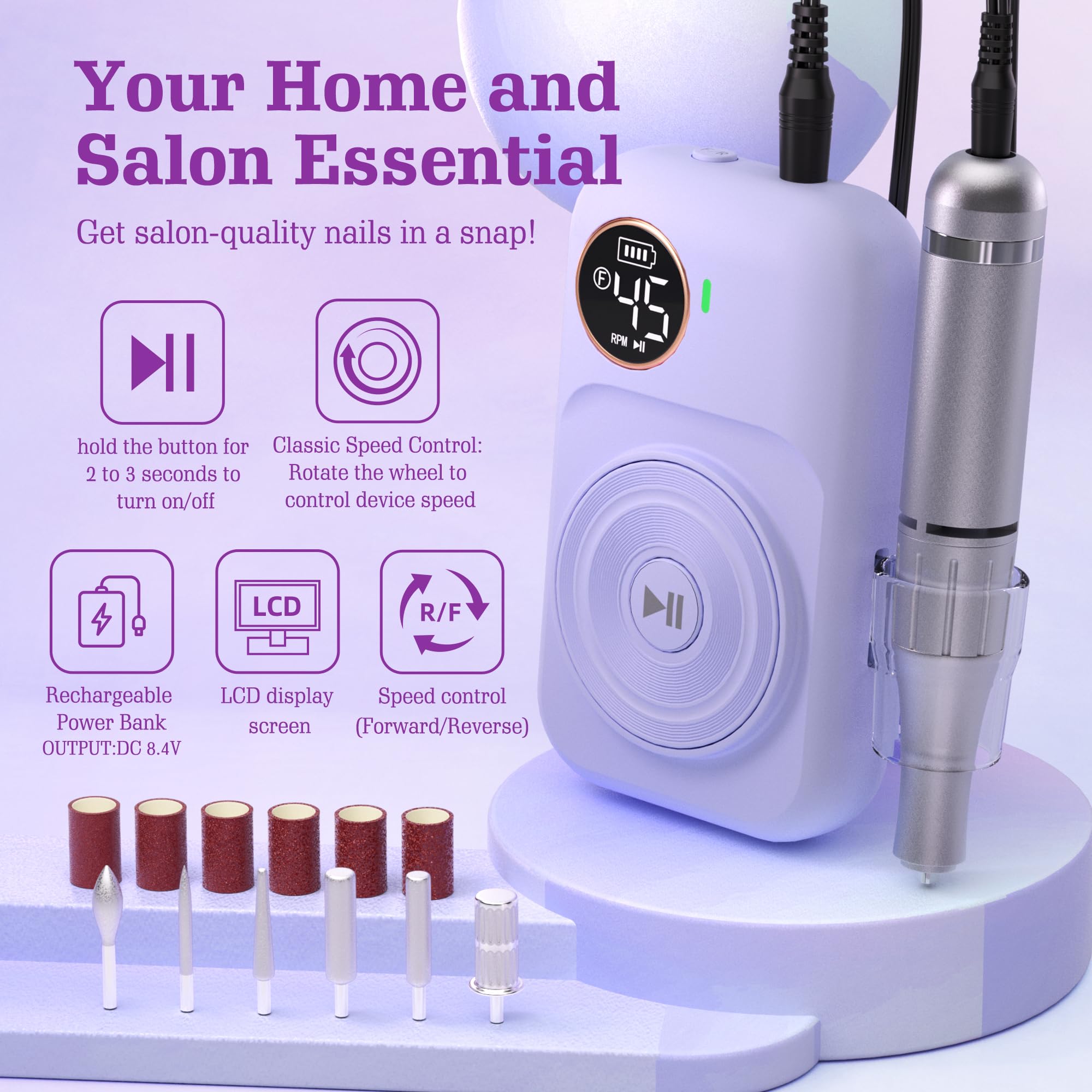 Professional Electric Nail Drill Kit - Low Noise, Low Heat & Vibration, 6 Drill Bits & Sanding Bands - Perfect for DIY Home Manicure, Salon Pedicures & Acrylic Nail Art (Purple)