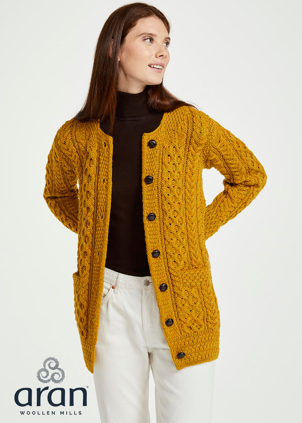 Chunky Basket Weave Aran Cardigan Sweater for Women - Mustard Yellow Knit Pullover | Cozy Winter Outfit, Casual Fall Layering, Office Wear