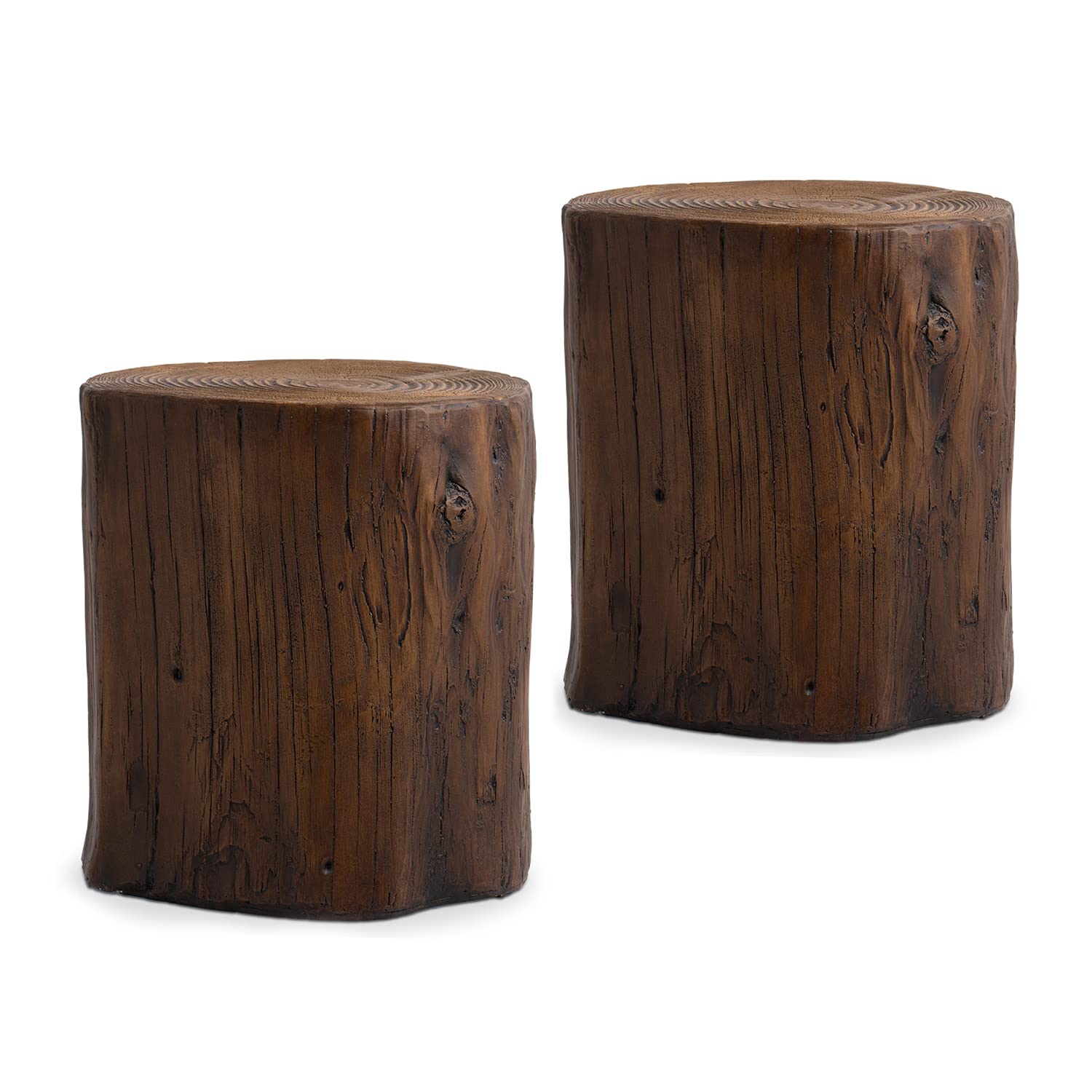 Stylish 2-Piece Walnut Faux Wood Outdoor End Table Set - Hand-Painted Wood Stump Stool, Ottoman & Plant Stand for Deck, Garden or Patio Decor | Perfect for Outdoor Entertaining & Relaxation
